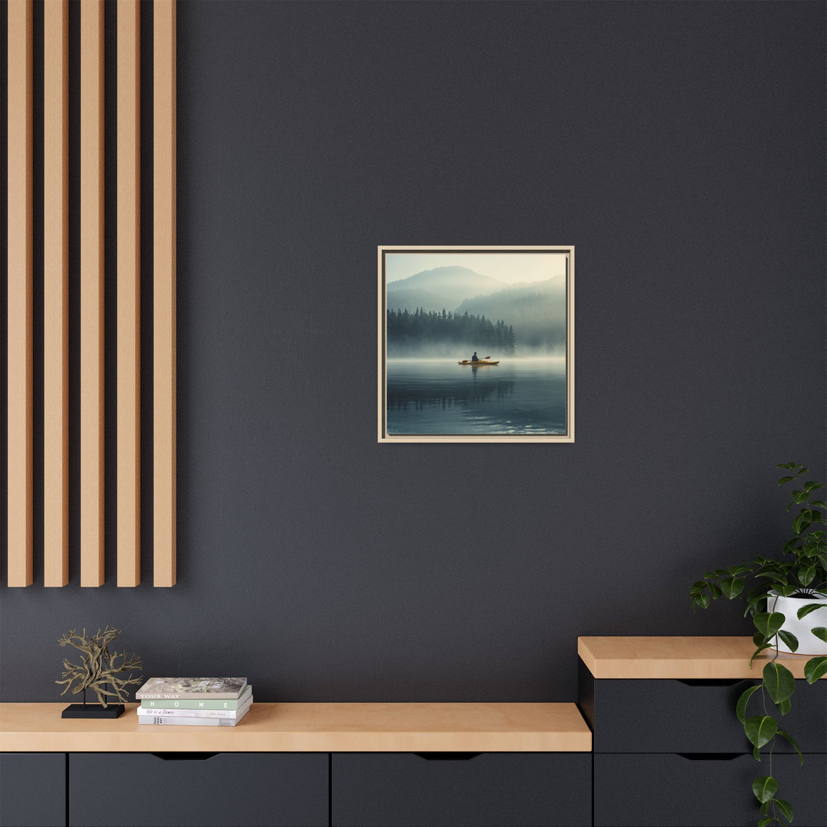 Lake Life Framed Matte Canvas: Misty Lake Kayaker Wall Art