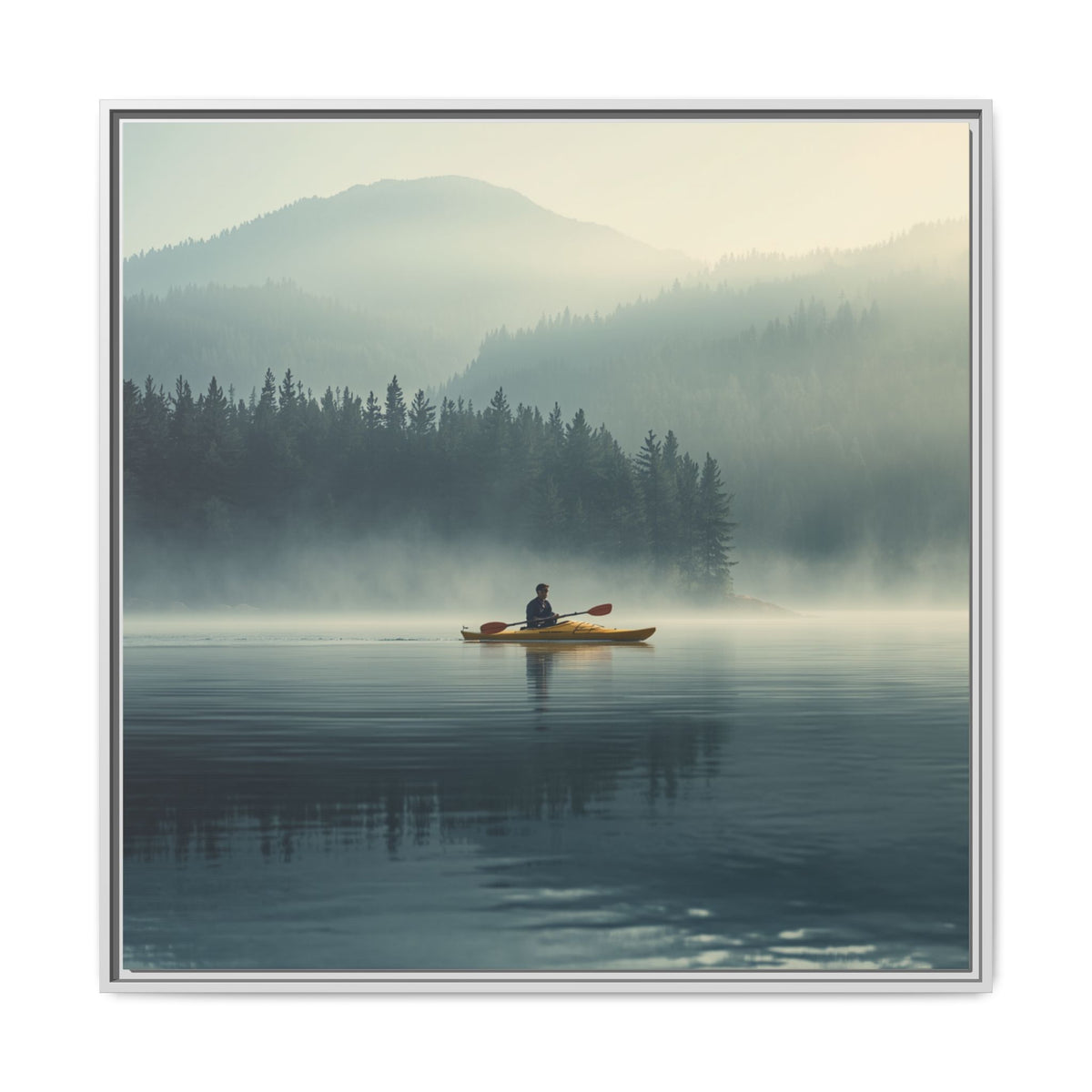 Lake Life Framed Matte Canvas: Misty Lake Kayaker Wall Art