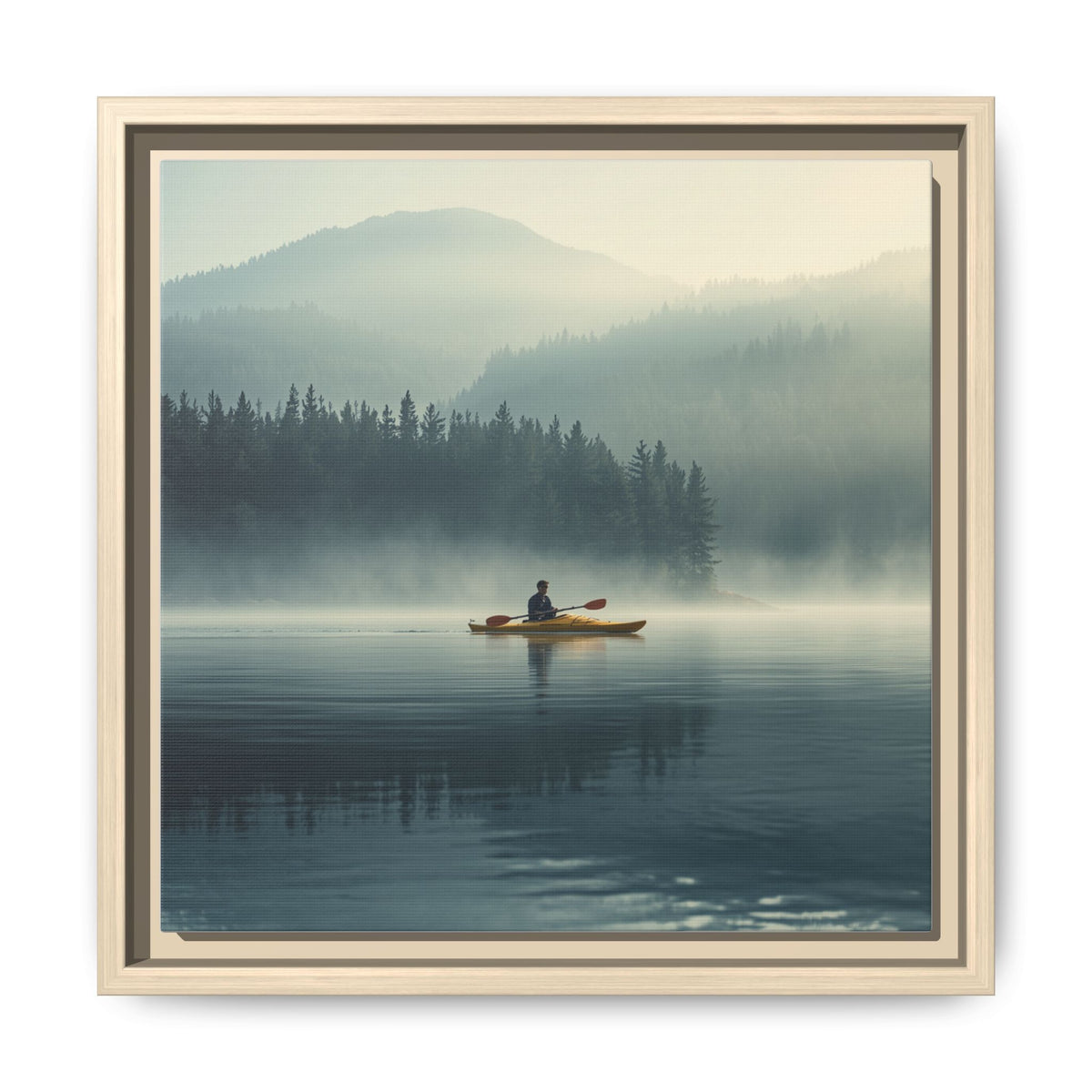 Lake Life Framed Matte Canvas: Misty Lake Kayaker Wall Art