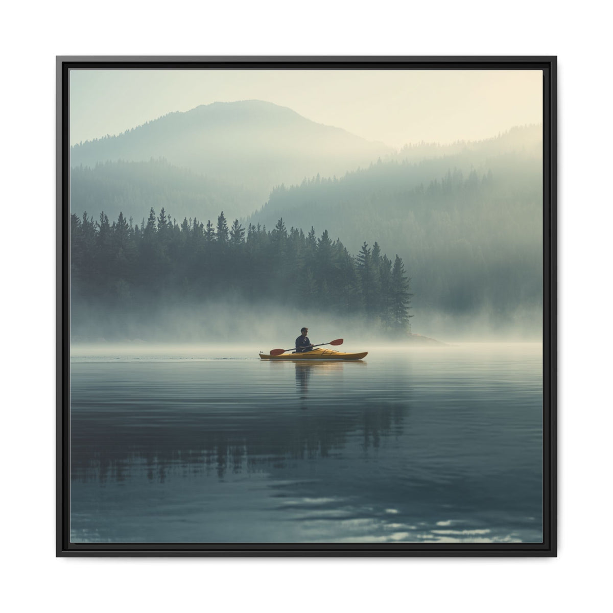 Lake Life Framed Matte Canvas: Misty Lake Kayaker Wall Art