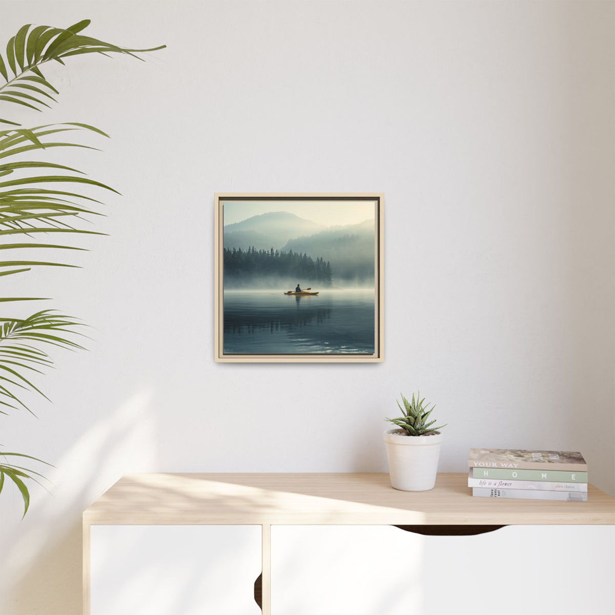 Lake Life Framed Matte Canvas: Misty Lake Kayaker Wall Art