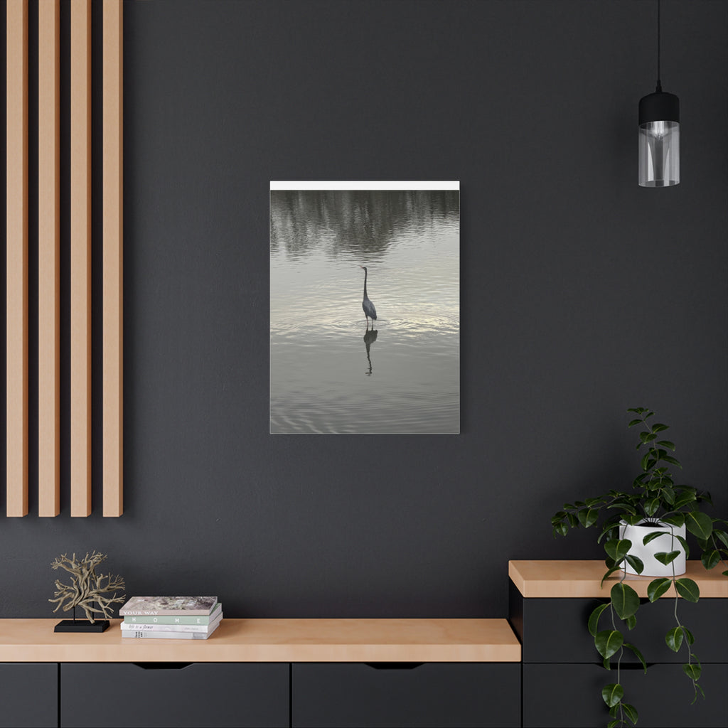 Lake Life Blue Heron Reflection Matte Stretched Canvas – Serene Wall Art