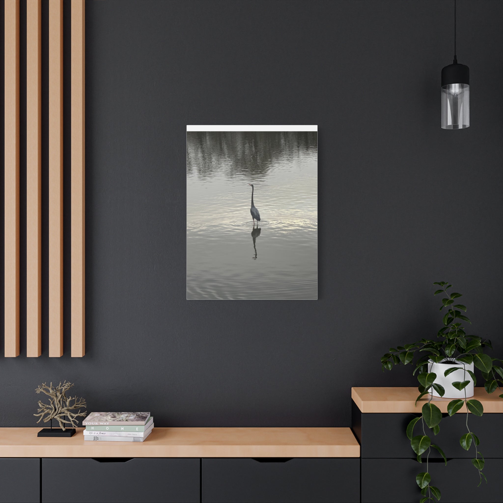 Lake Life Blue Heron Reflection Matte Stretched Canvas – Serene Wall Art