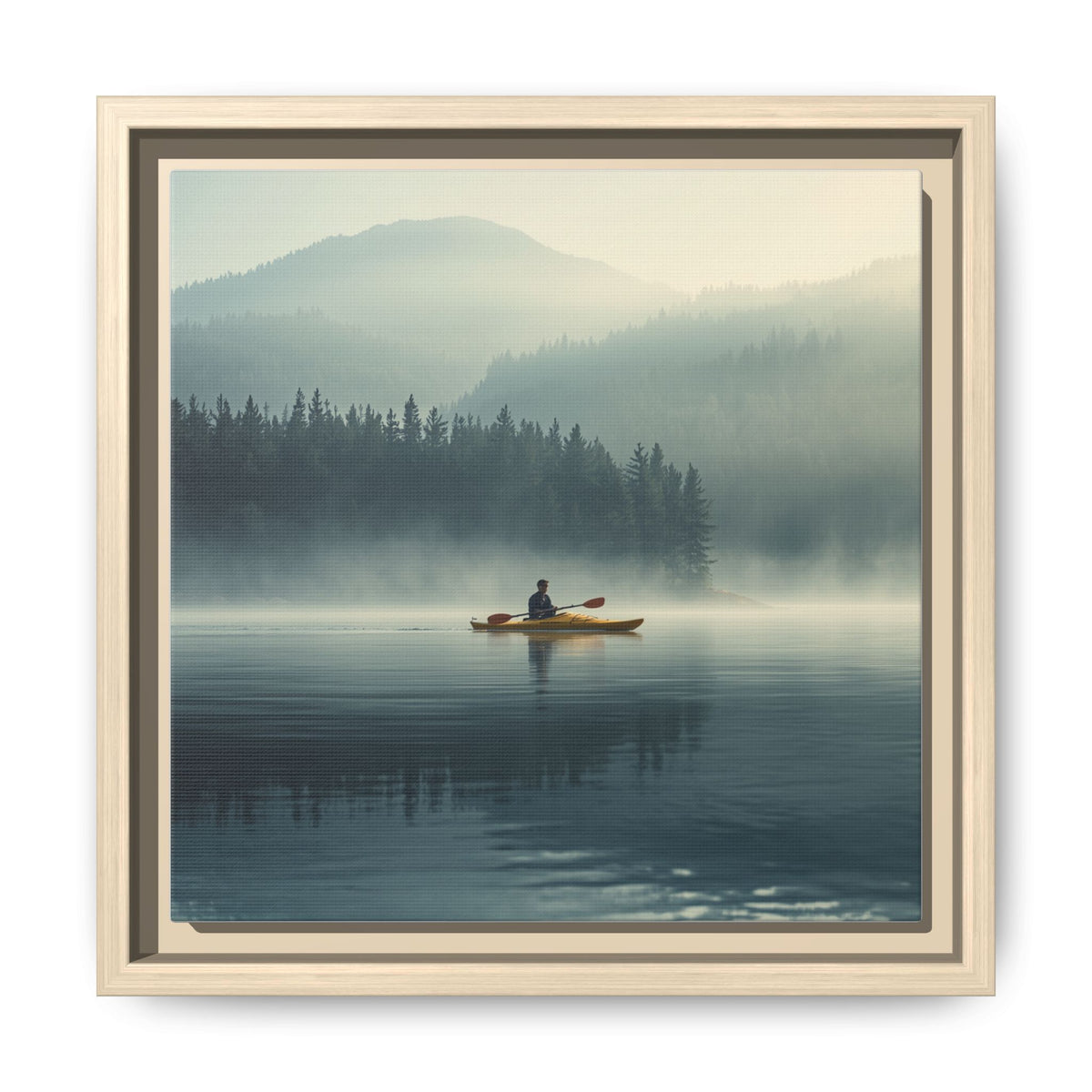 Lake Life Framed Matte Canvas: Misty Lake Kayaker Wall Art