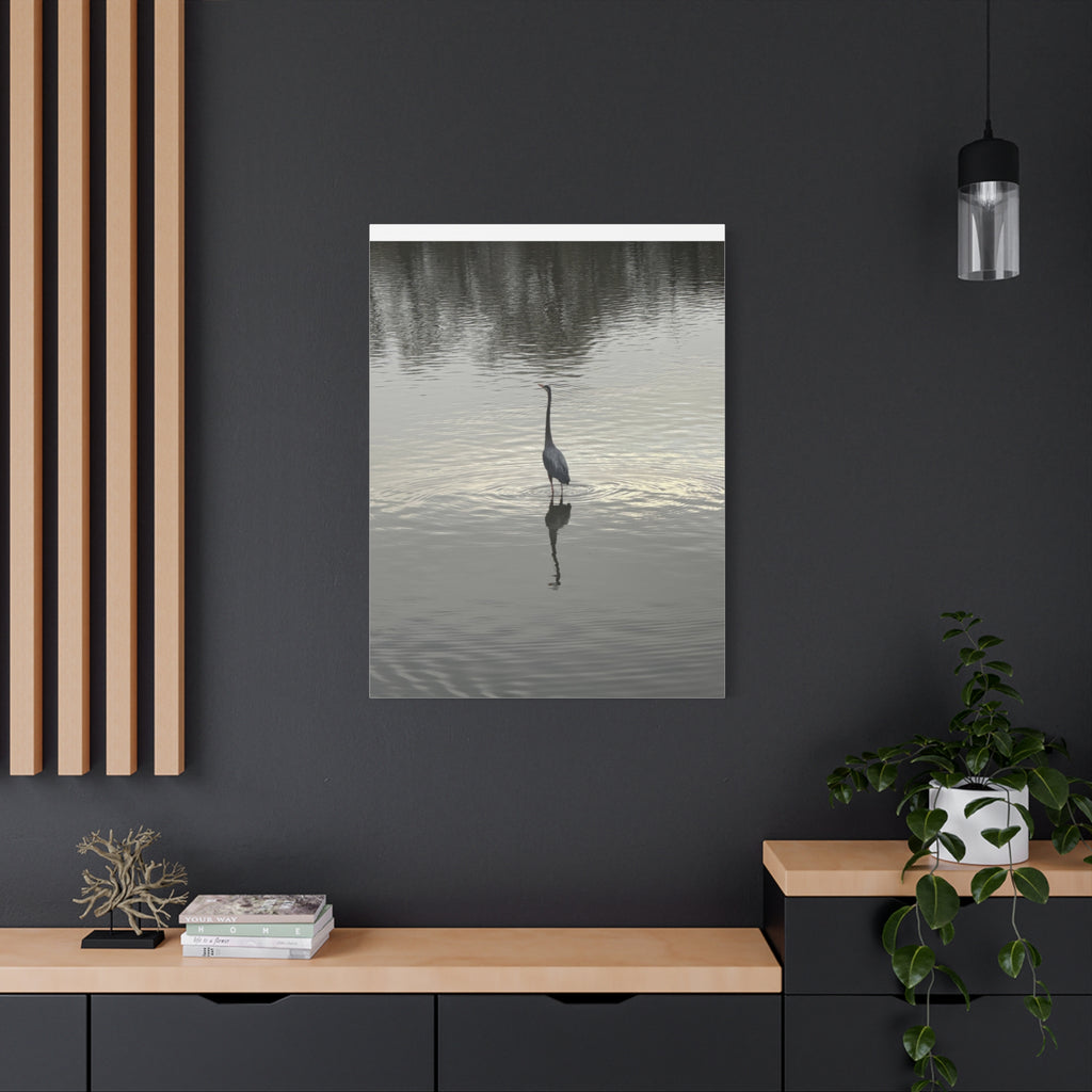 Lake Life Blue Heron Reflection Matte Stretched Canvas – Serene Wall Art