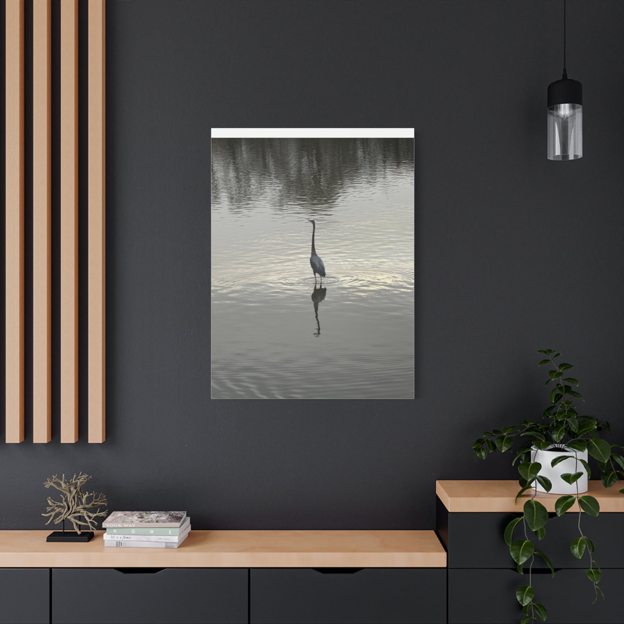 Lake Life Blue Heron Reflection Matte Stretched Canvas – Serene Wall Art