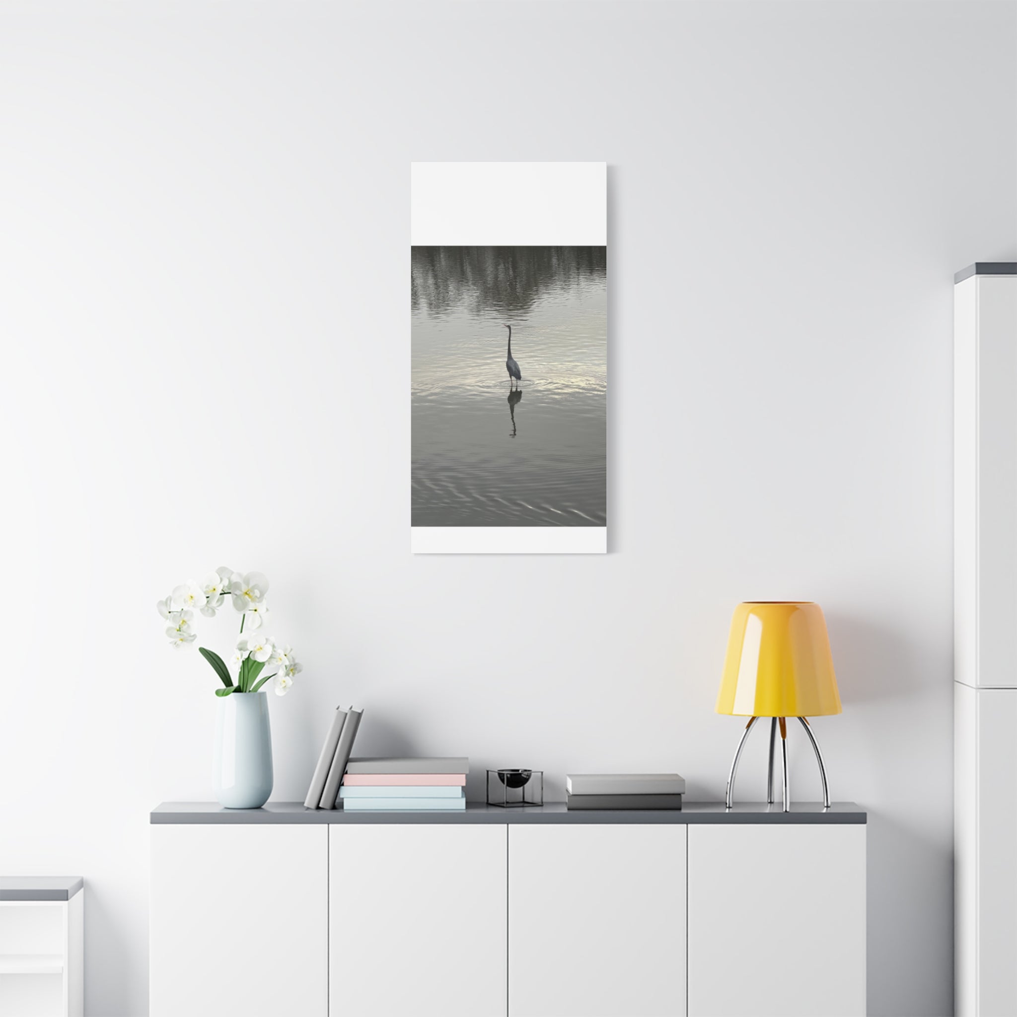 Lake Life Blue Heron Reflection Matte Stretched Canvas – Serene Wall Art