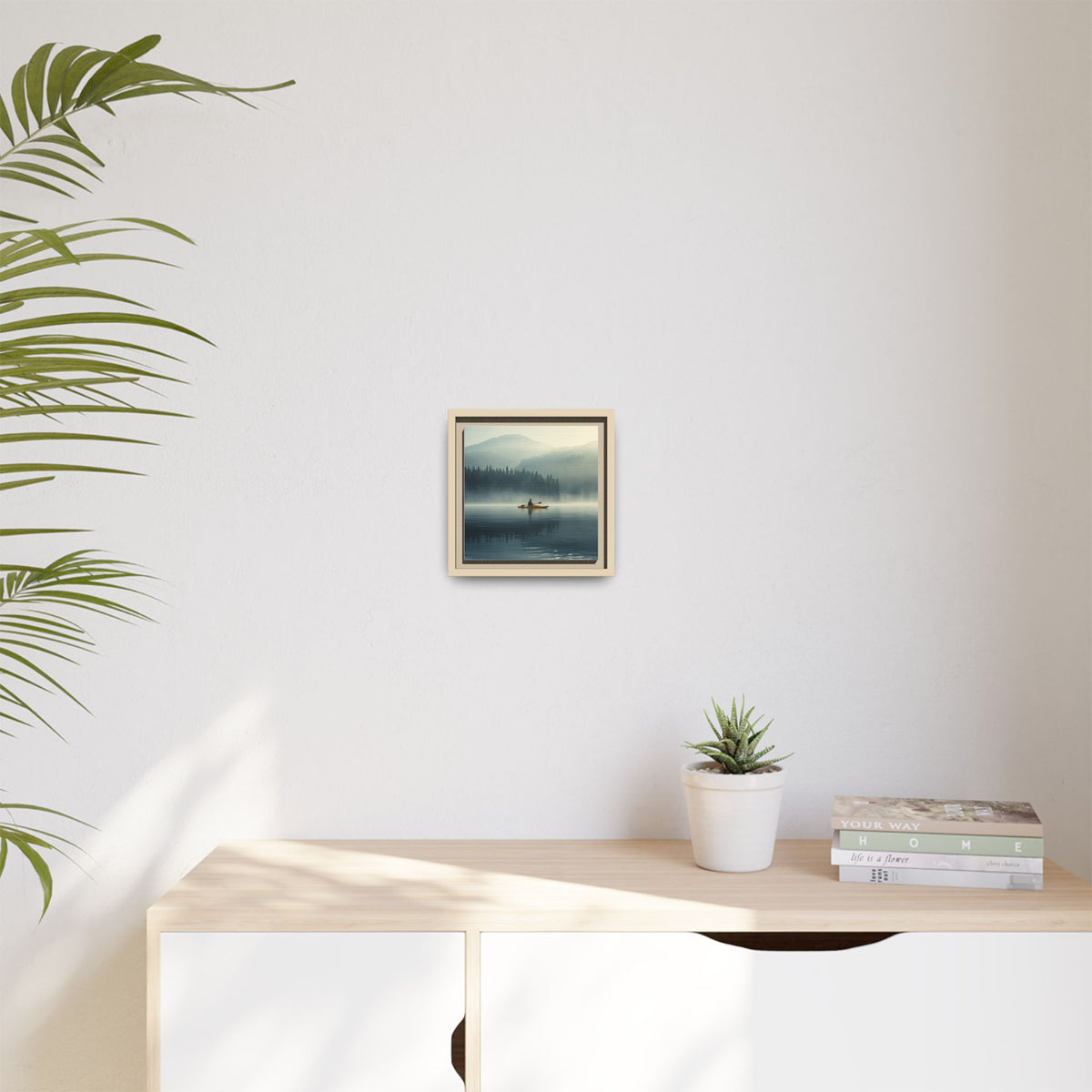 Lake Life Framed Matte Canvas: Misty Lake Kayaker Wall Art