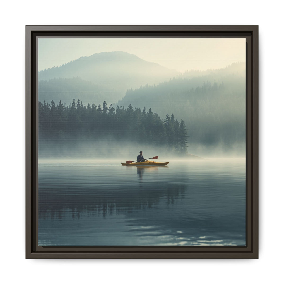 Lake Life Framed Matte Canvas: Misty Lake Kayaker Wall Art