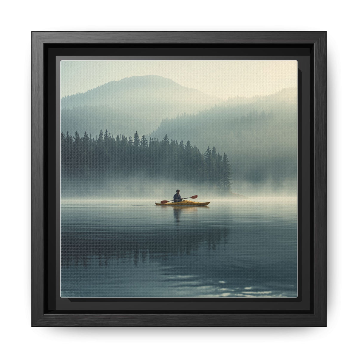 Lake Life Framed Matte Canvas: Misty Lake Kayaker Wall Art