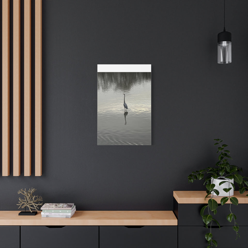 Lake Life Blue Heron Reflection Matte Stretched Canvas – Serene Wall Art