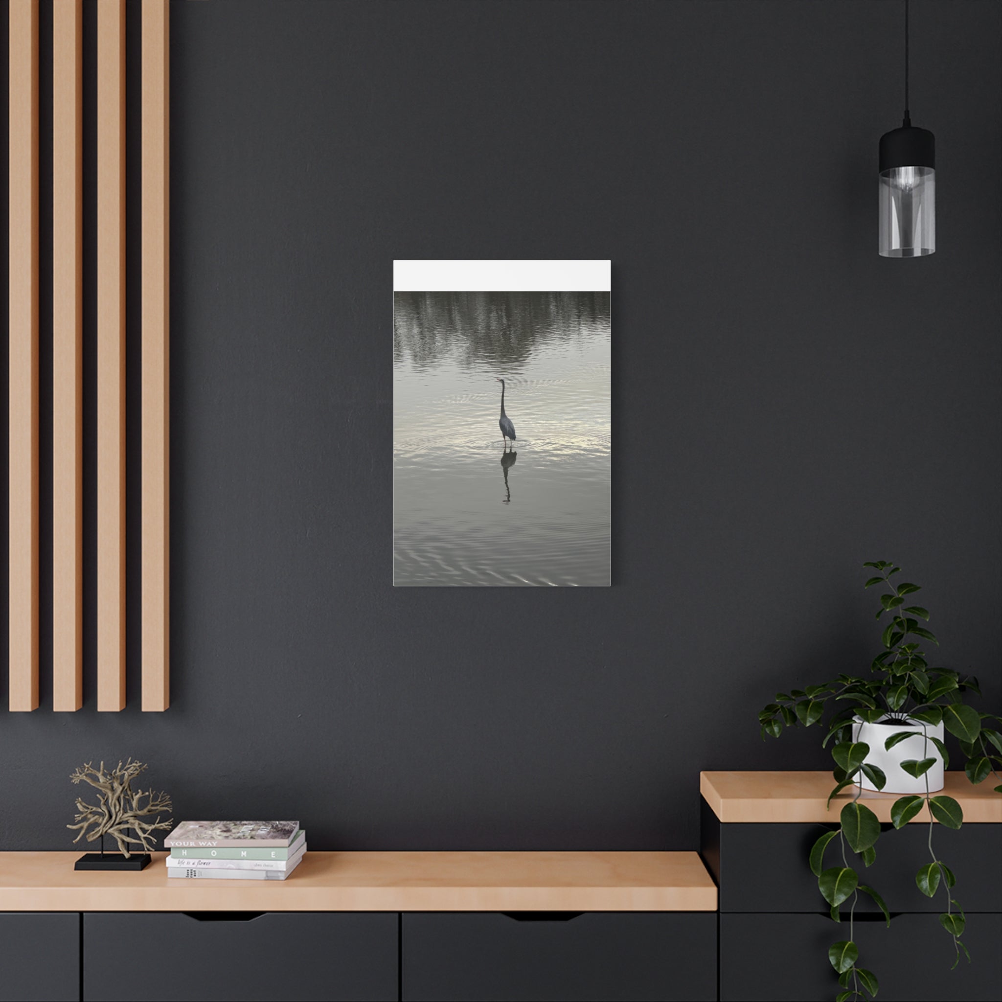 Lake Life Blue Heron Reflection Matte Stretched Canvas – Serene Wall Art