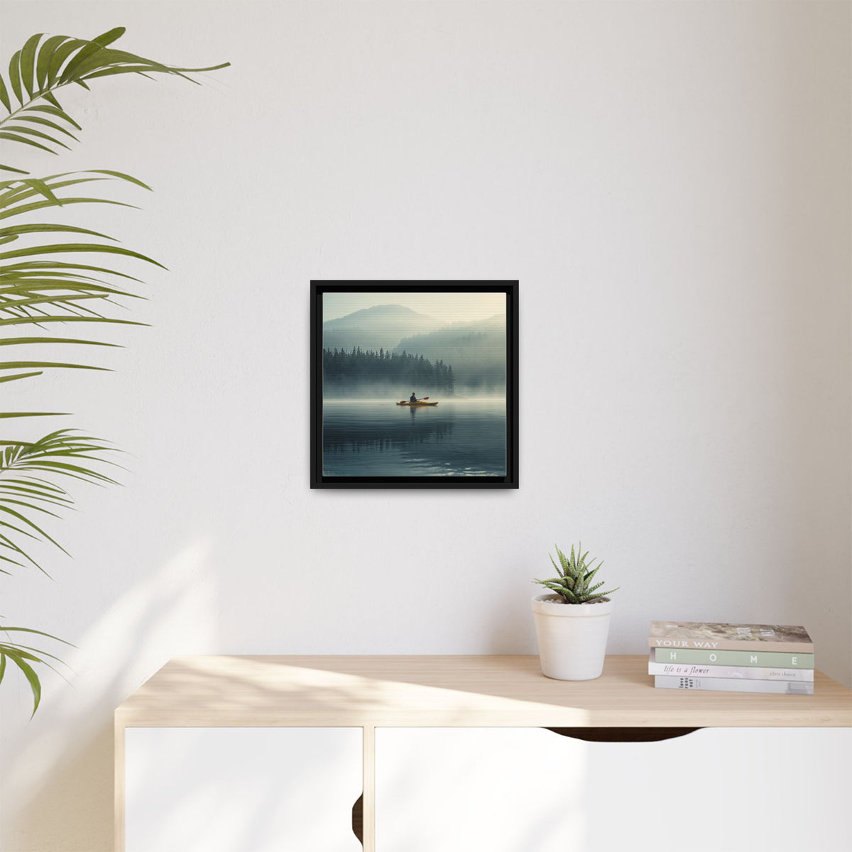Lake Life Framed Matte Canvas: Misty Lake Kayaker Wall Art