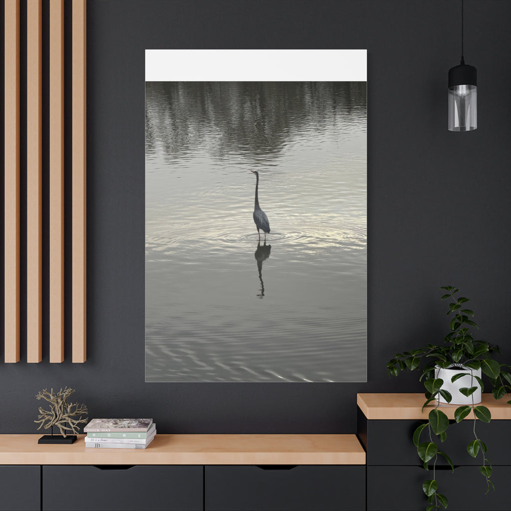 Lake Life Blue Heron Reflection Matte Stretched Canvas – Serene Wall Art