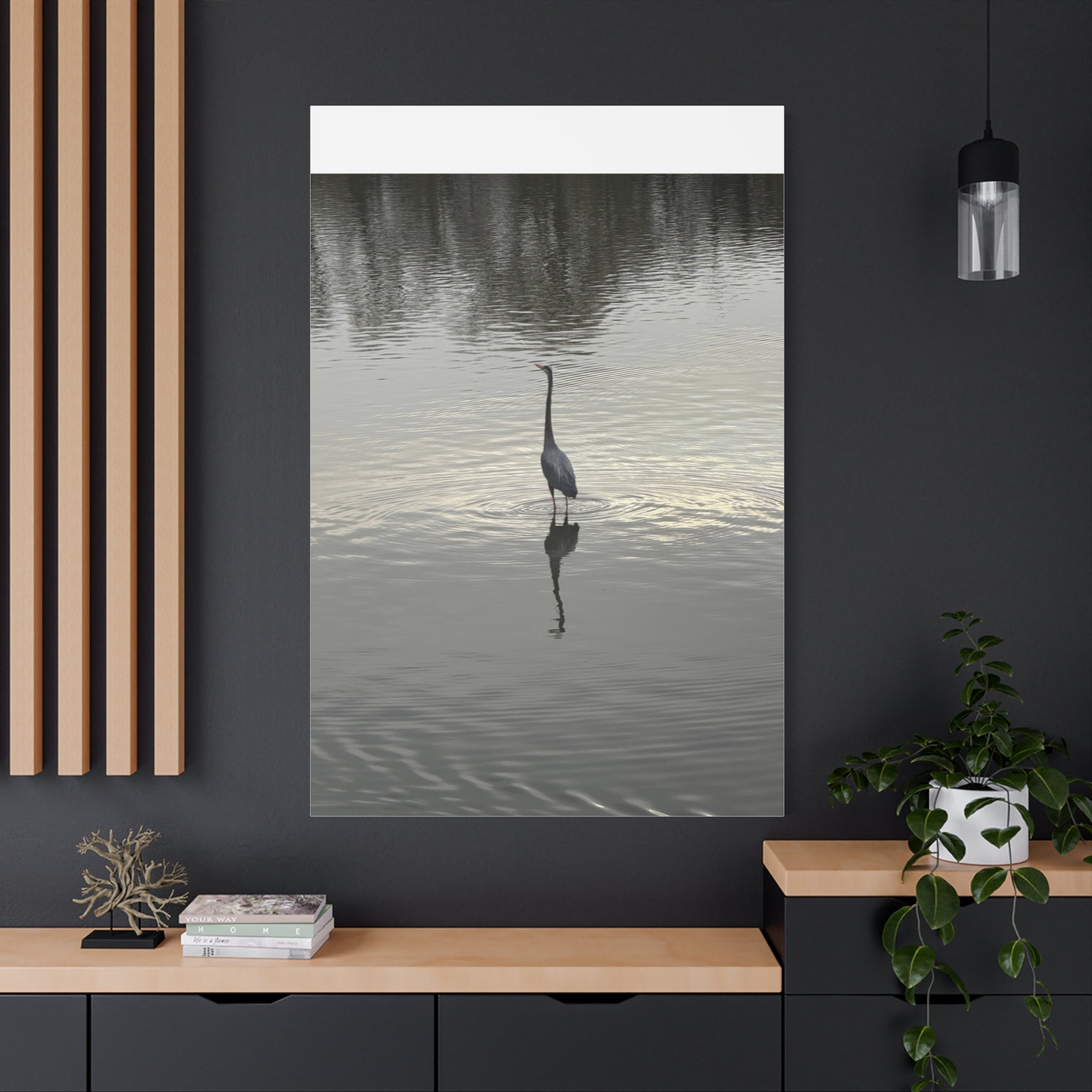Lake Life Blue Heron Reflection Matte Stretched Canvas – Serene Wall Art