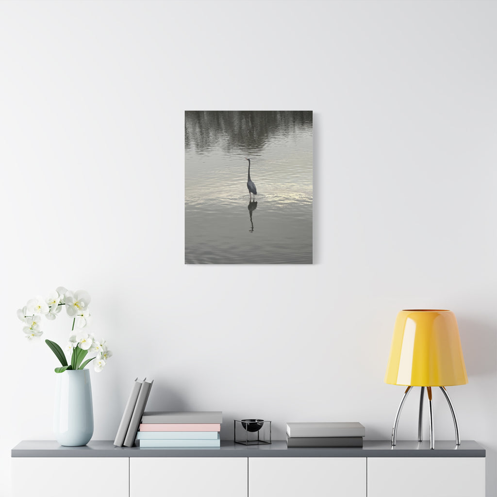 Lake Life Blue Heron Reflection Matte Stretched Canvas – Serene Wall Art