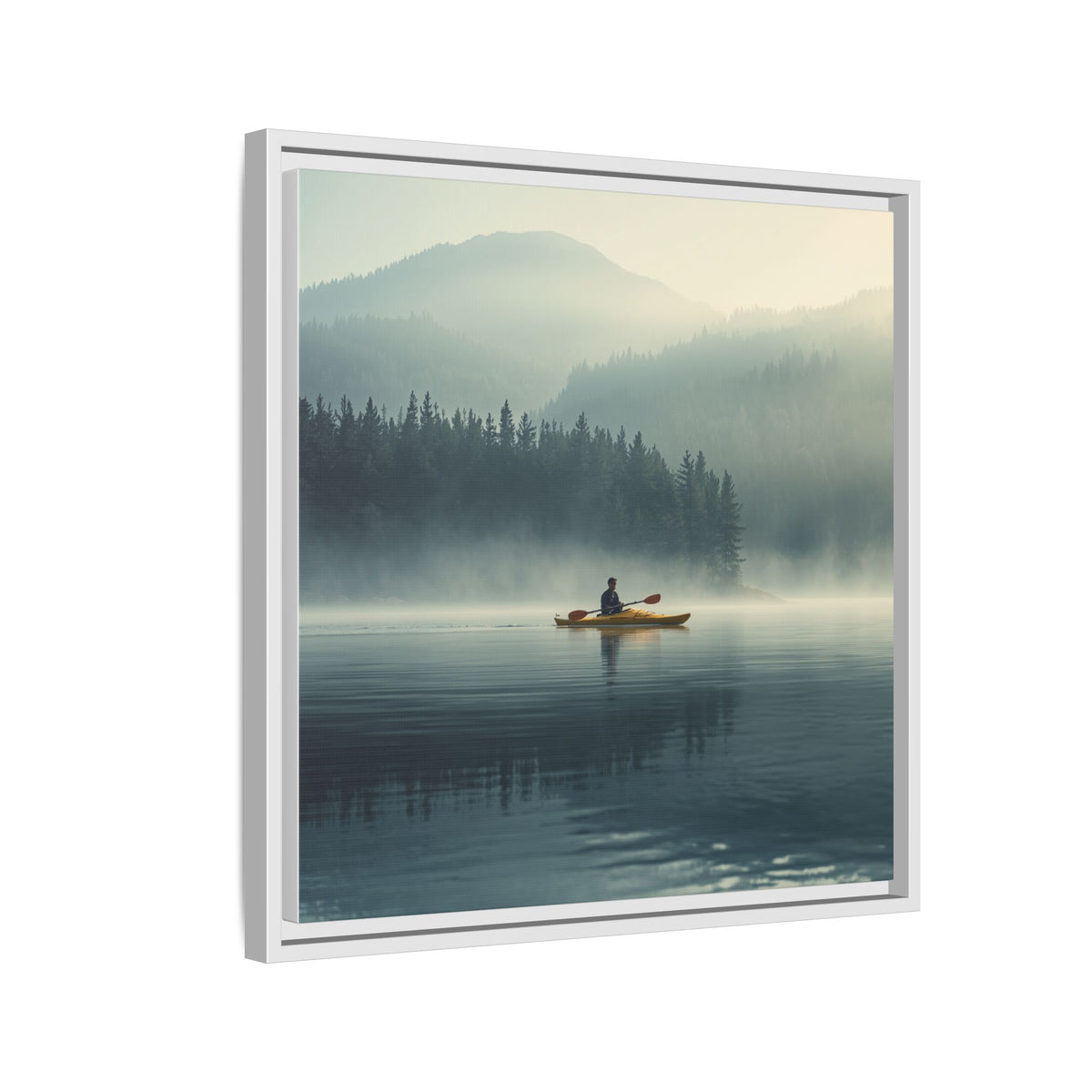 Lake Life Framed Matte Canvas: Misty Lake Kayaker Wall Art