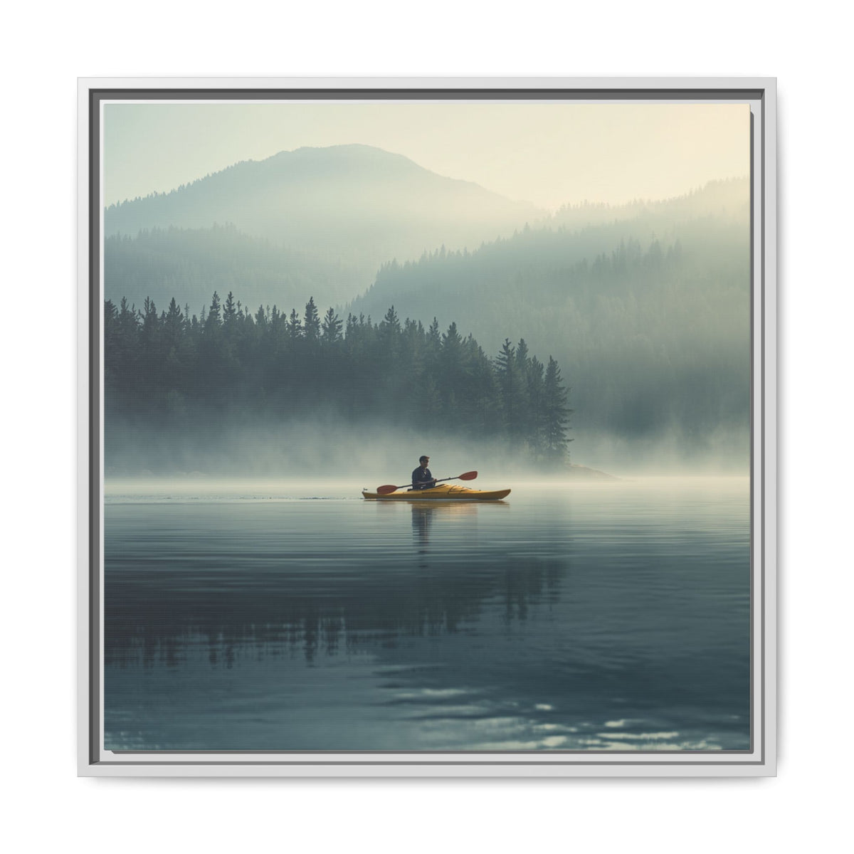 Lake Life Framed Matte Canvas: Misty Lake Kayaker Wall Art
