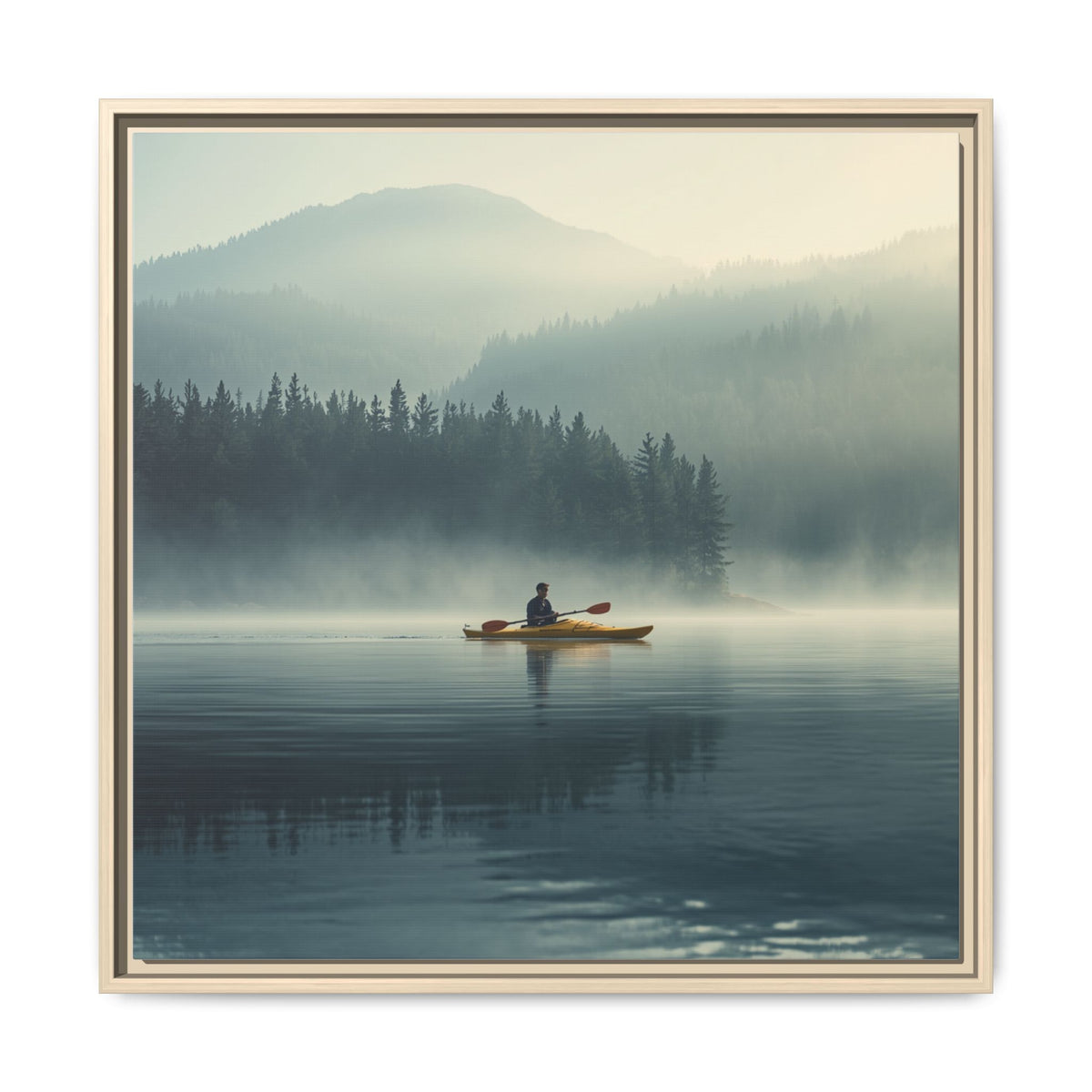Lake Life Framed Matte Canvas: Misty Lake Kayaker Wall Art