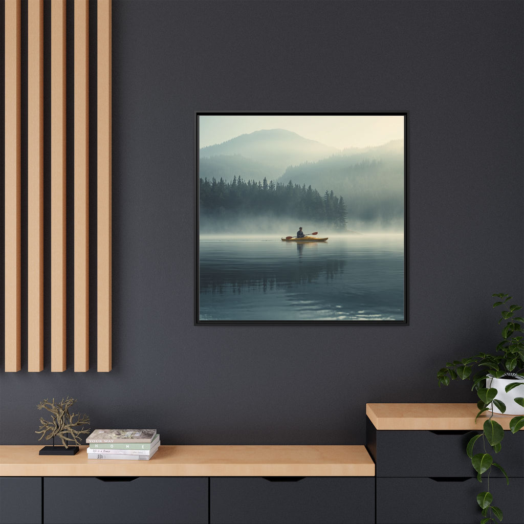 Lake Life Framed Matte Canvas: Misty Lake Kayaker Wall Art
