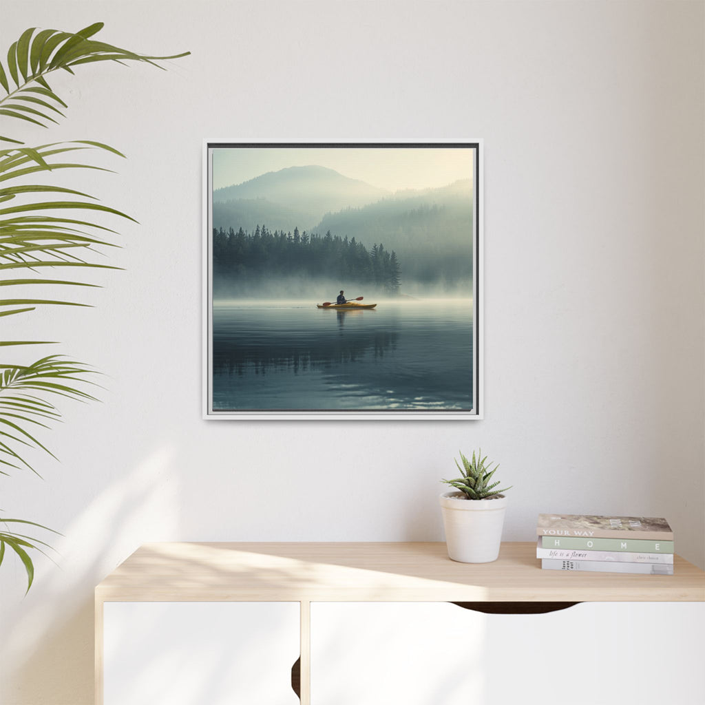 Lake Life Framed Matte Canvas: Misty Lake Kayaker Wall Art