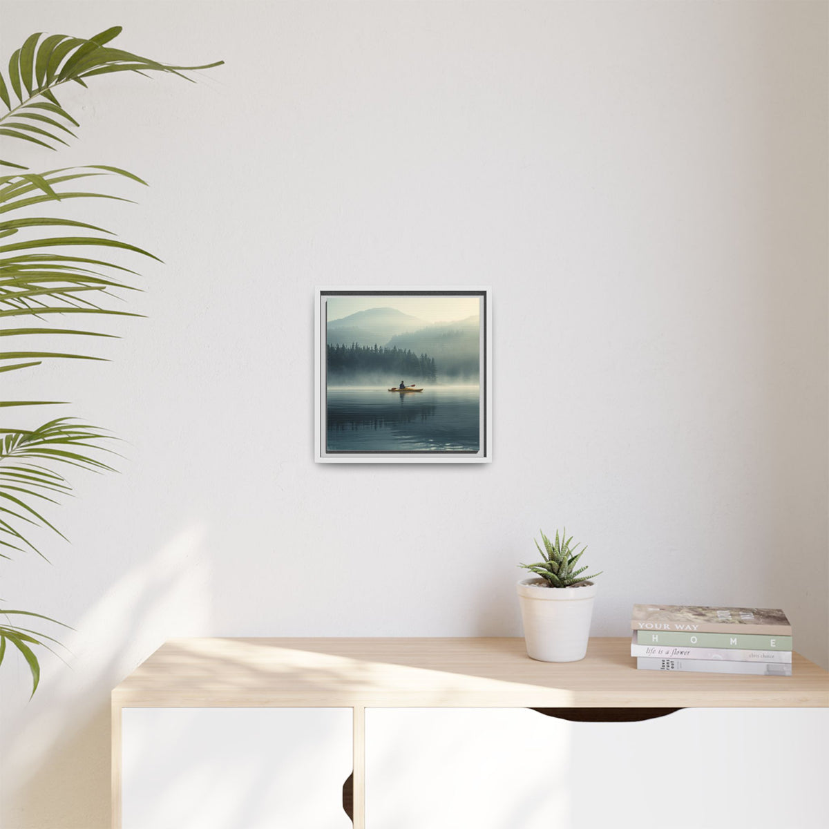 Lake Life Framed Matte Canvas: Misty Lake Kayaker Wall Art