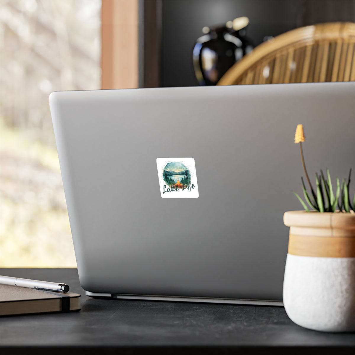 Lake Life Vinyl Sticker — Waterproof Kiss-Cut Camping Sticker with Campfire & Mountain Lake Design
