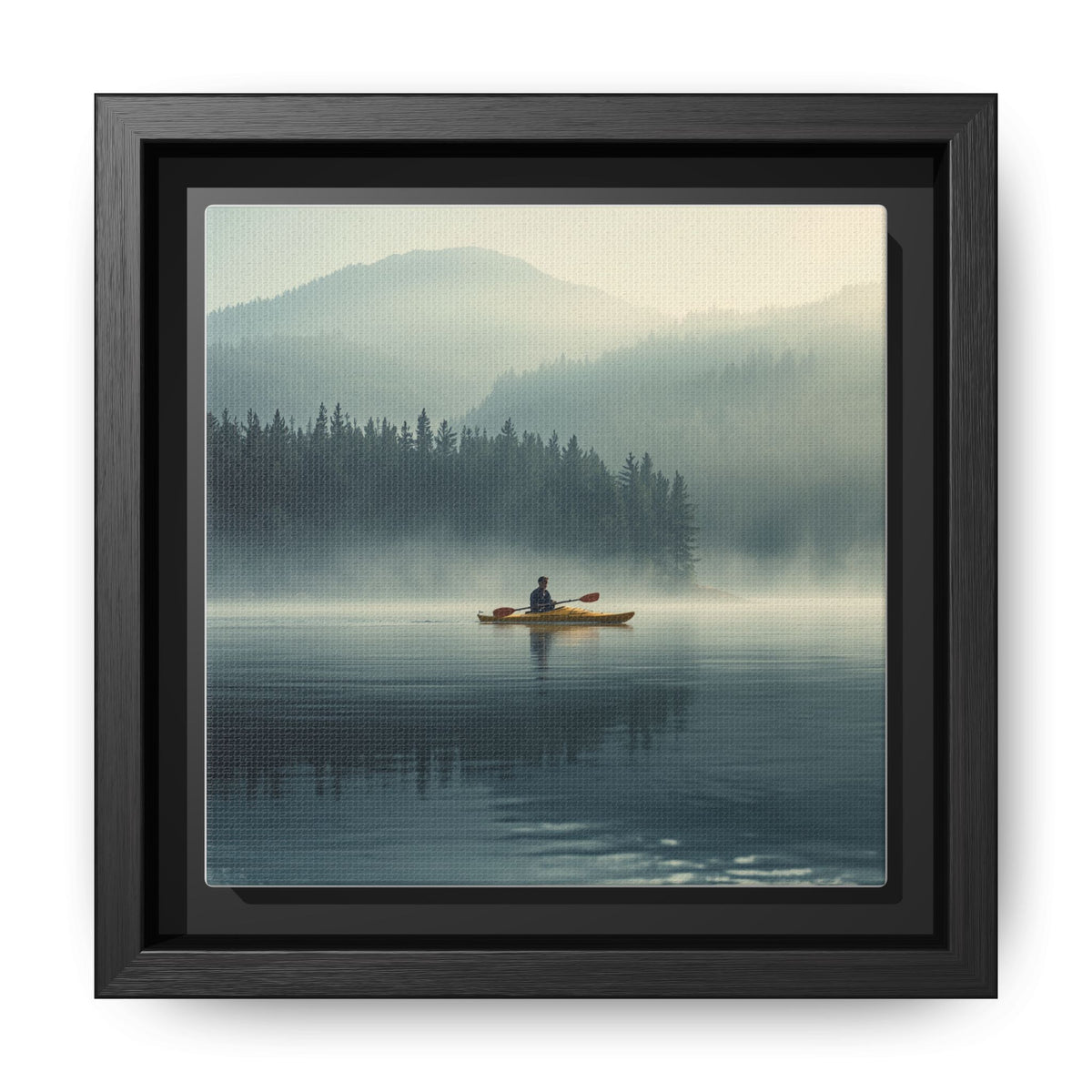 Lake Life Framed Matte Canvas: Misty Lake Kayaker Wall Art