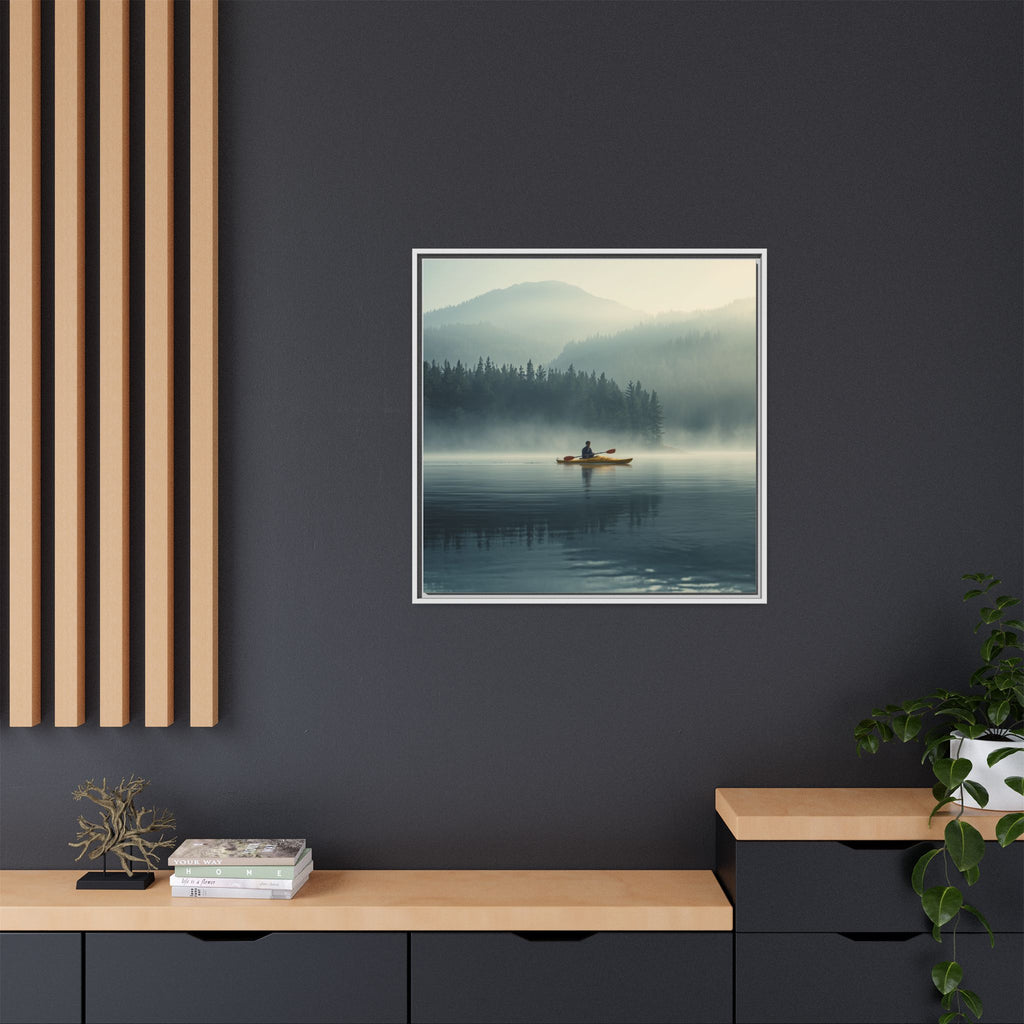Lake Life Framed Matte Canvas: Misty Lake Kayaker Wall Art