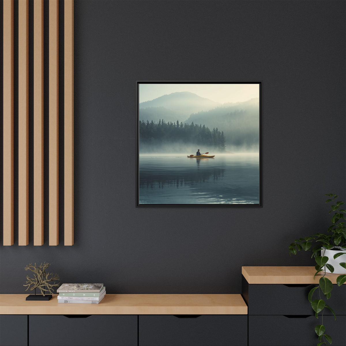 Lake Life Framed Matte Canvas: Misty Lake Kayaker Wall Art
