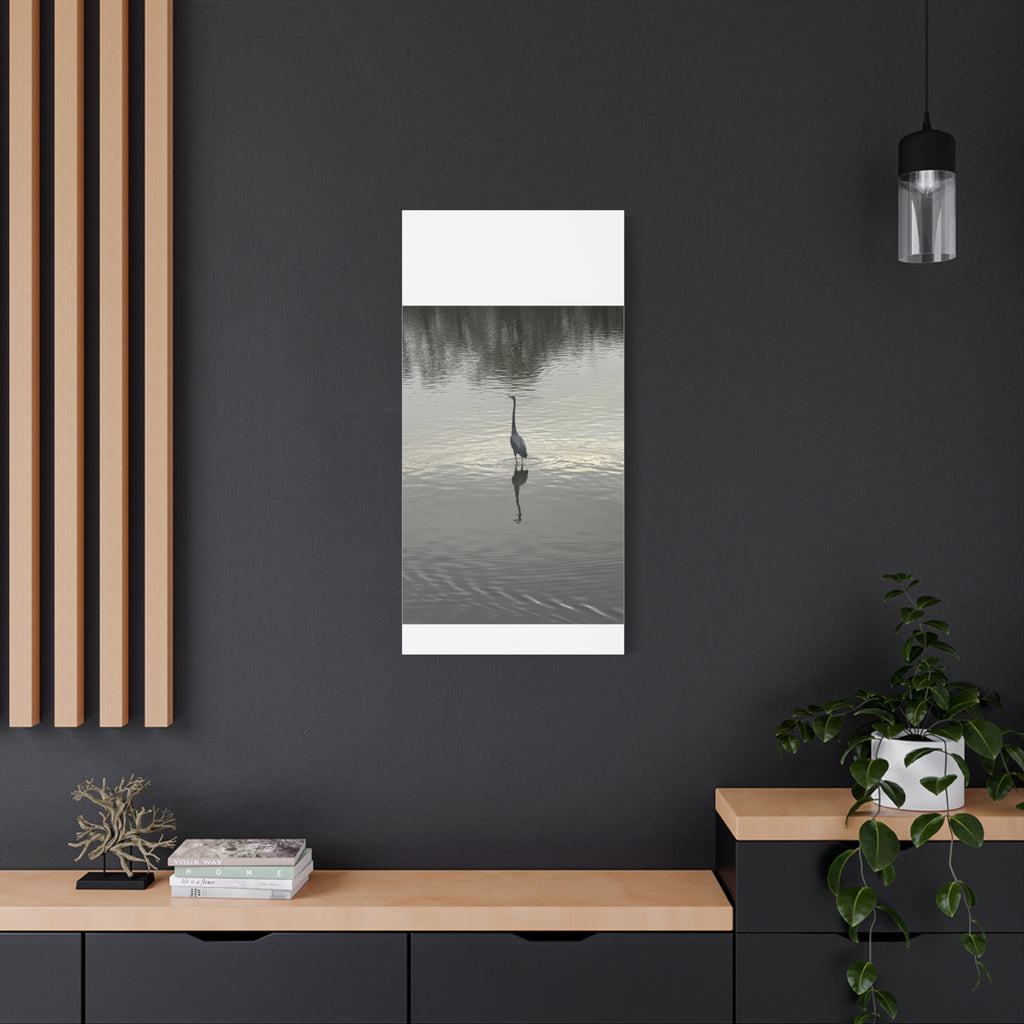 Lake Life Blue Heron Reflection Matte Stretched Canvas – Serene Wall Art