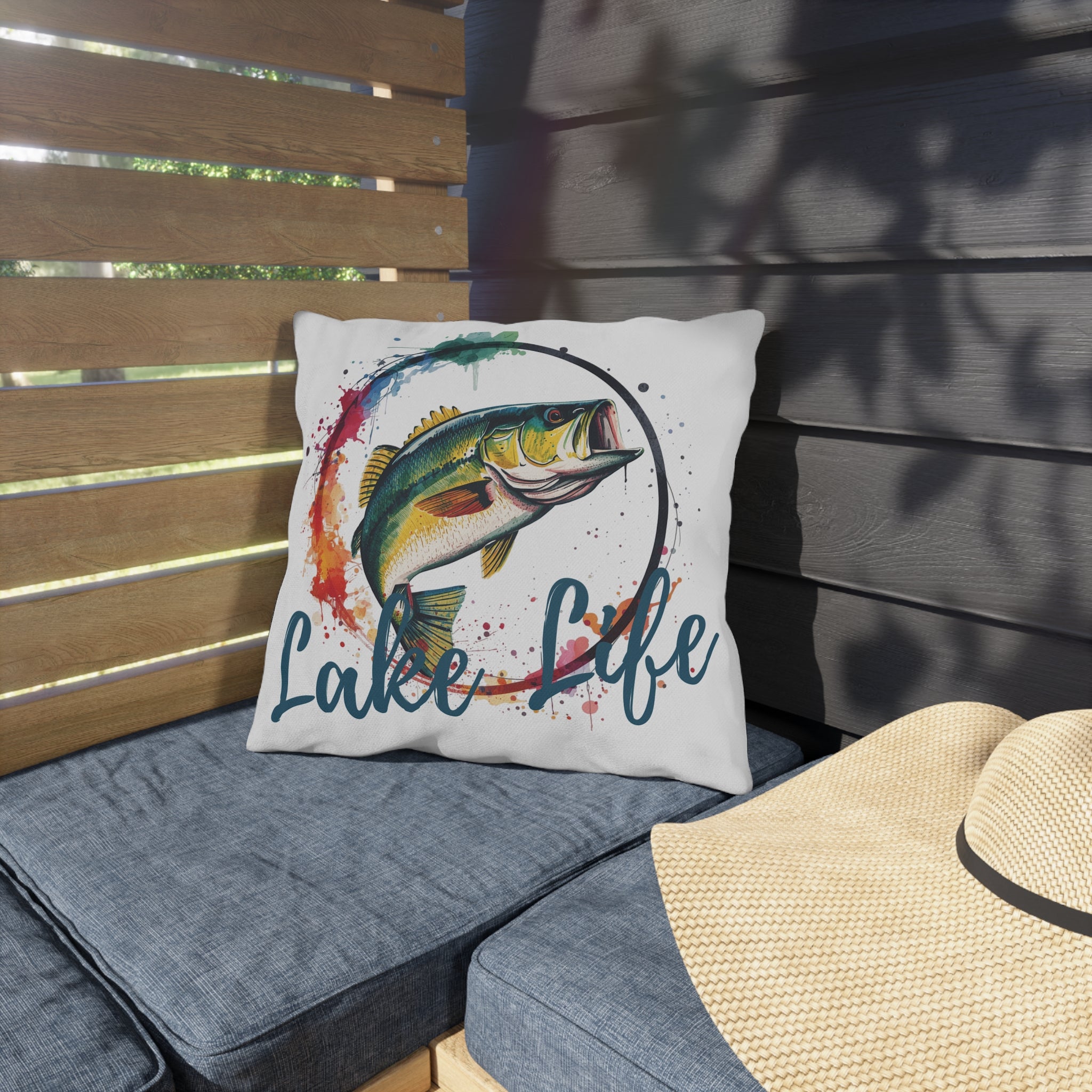 Lake Life Bass Outdoor Pillow – Colorful Fishing Cushion for Patio, Dock & Cabin