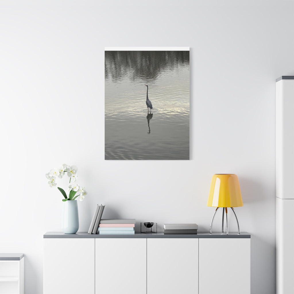 Lake Life Blue Heron Reflection Matte Stretched Canvas – Serene Wall Art
