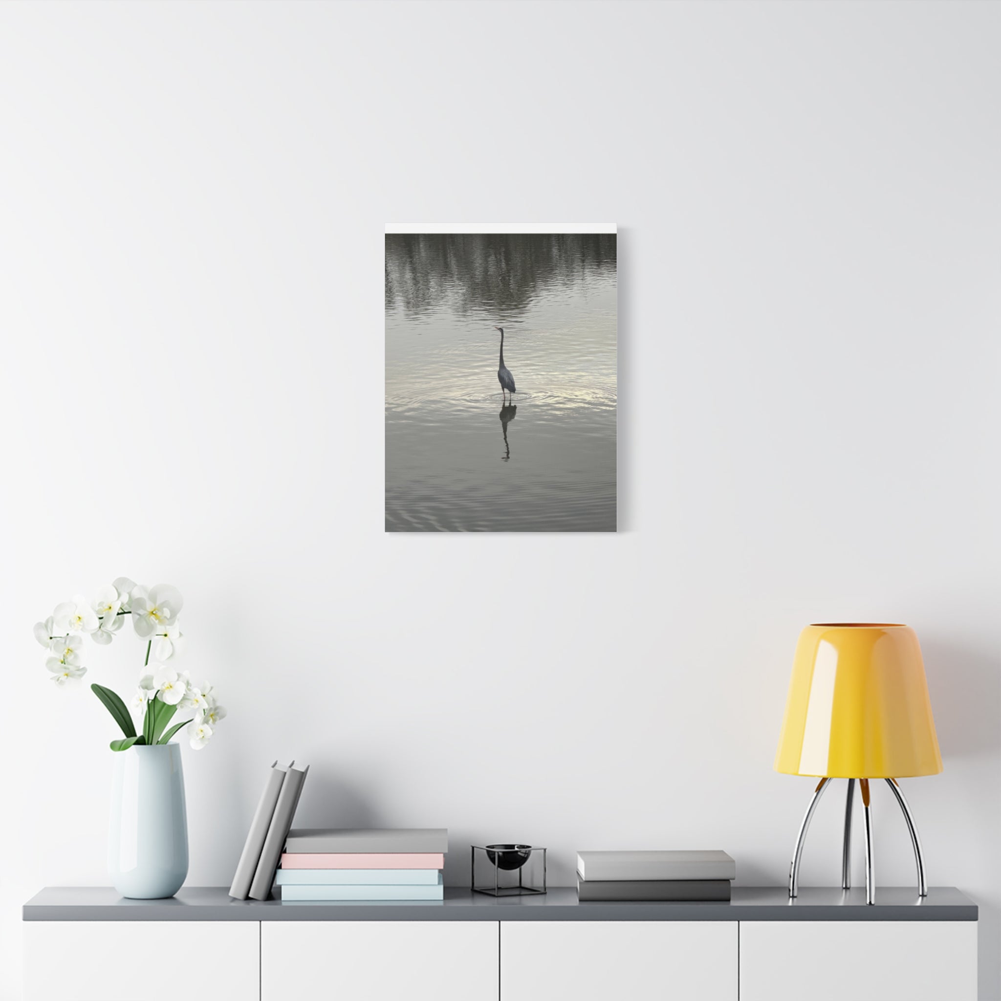 Lake Life Blue Heron Reflection Matte Stretched Canvas – Serene Wall Art