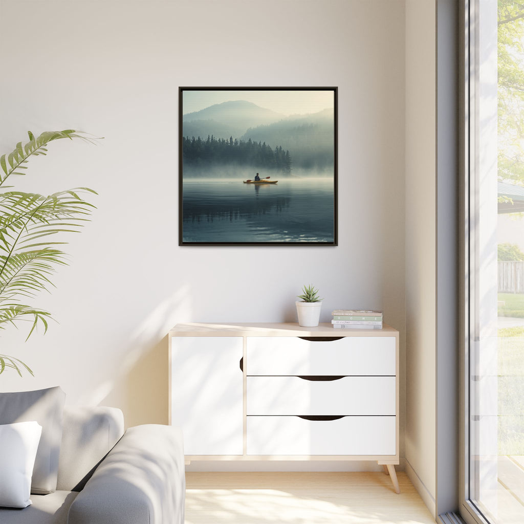 Lake Life Framed Matte Canvas: Misty Lake Kayaker Wall Art