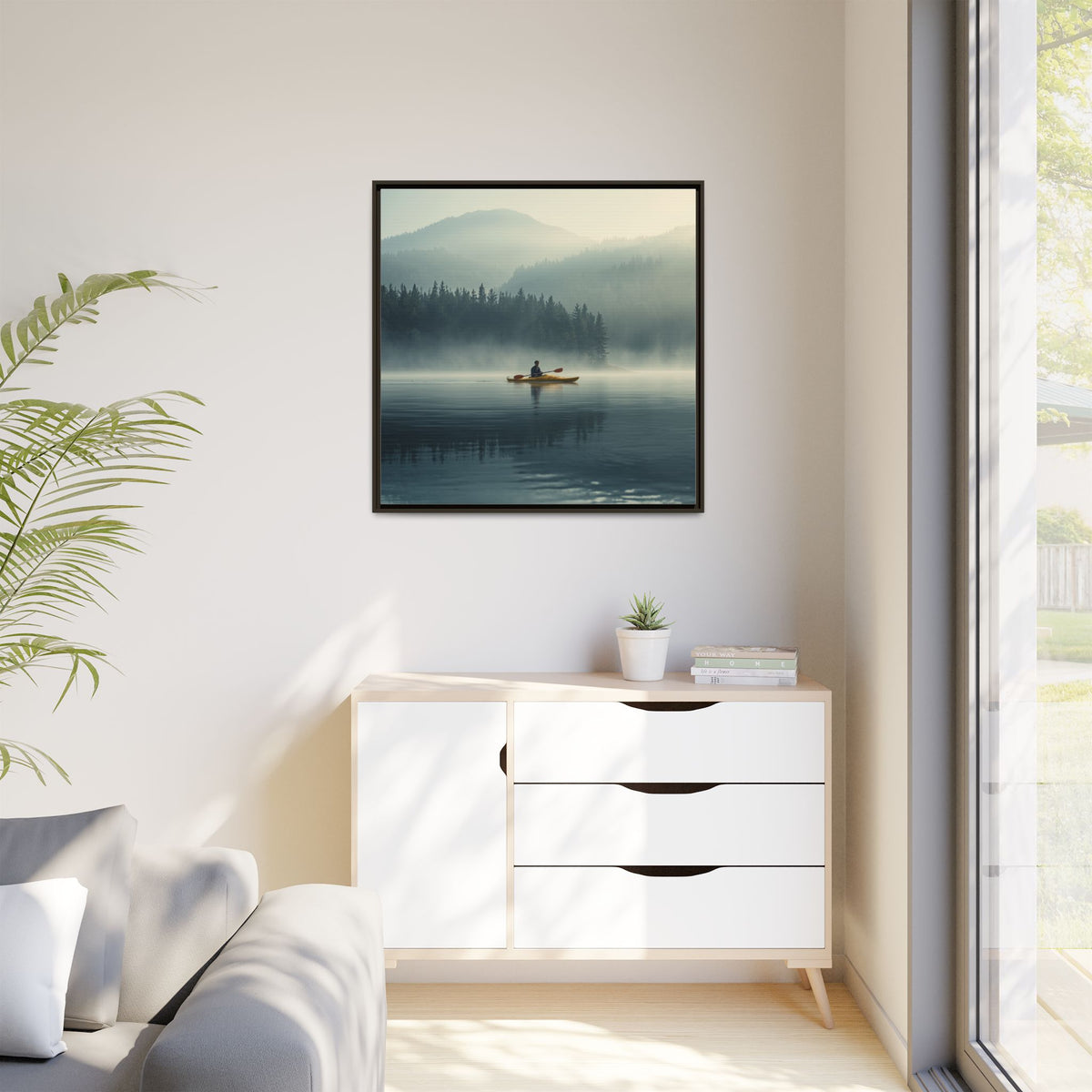 Lake Life Framed Matte Canvas: Misty Lake Kayaker Wall Art