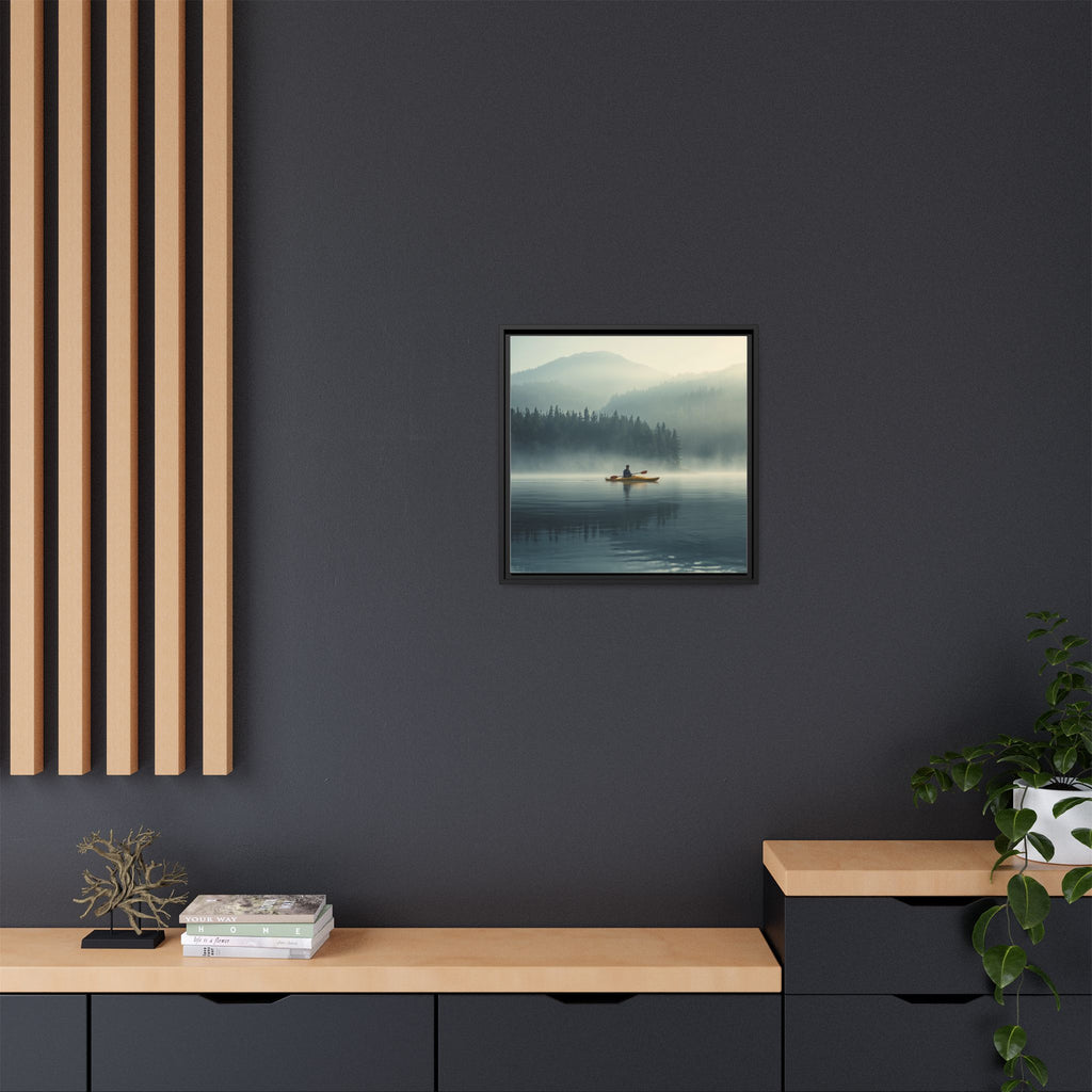 Lake Life Framed Matte Canvas: Misty Lake Kayaker Wall Art