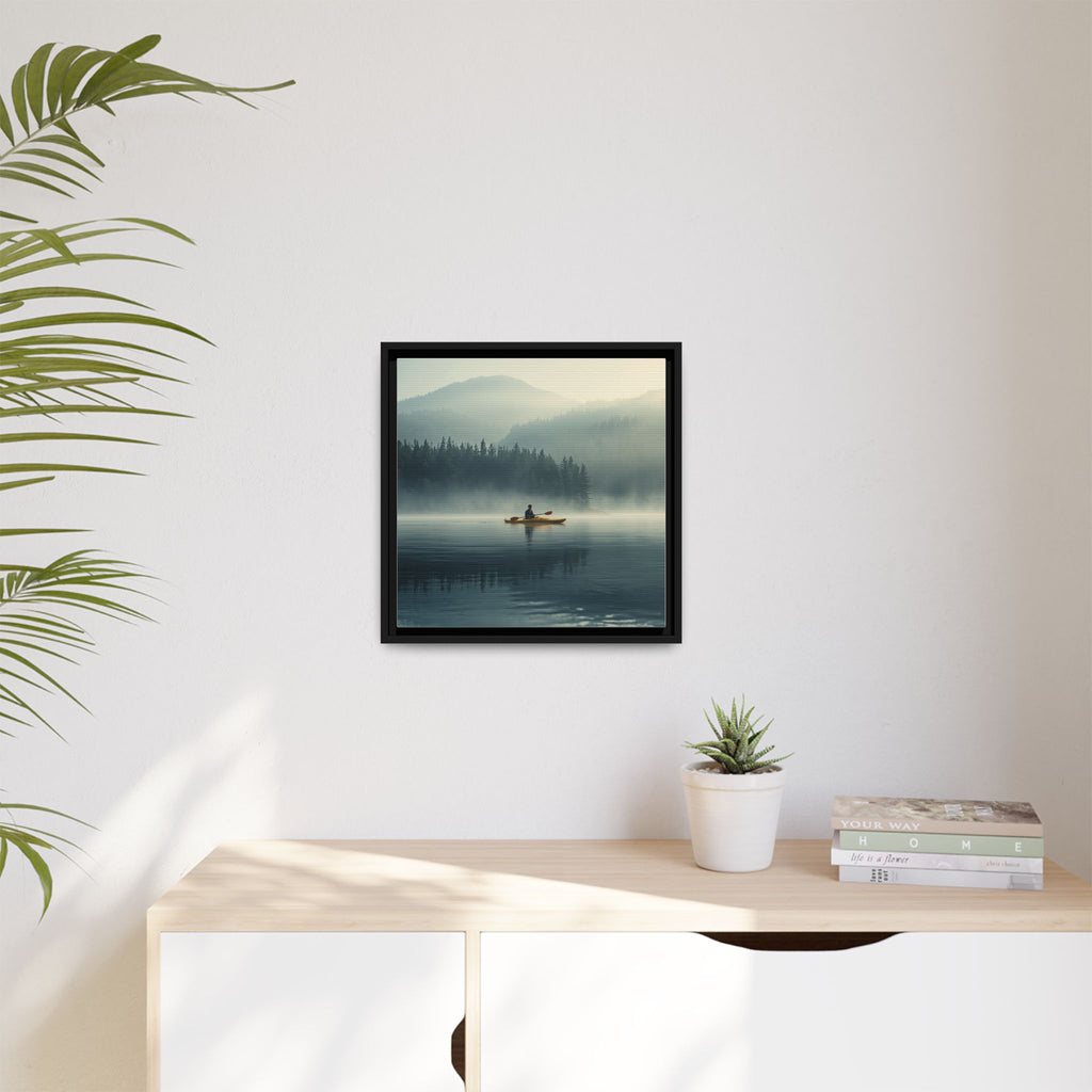 Lake Life Framed Matte Canvas: Misty Lake Kayaker Wall Art