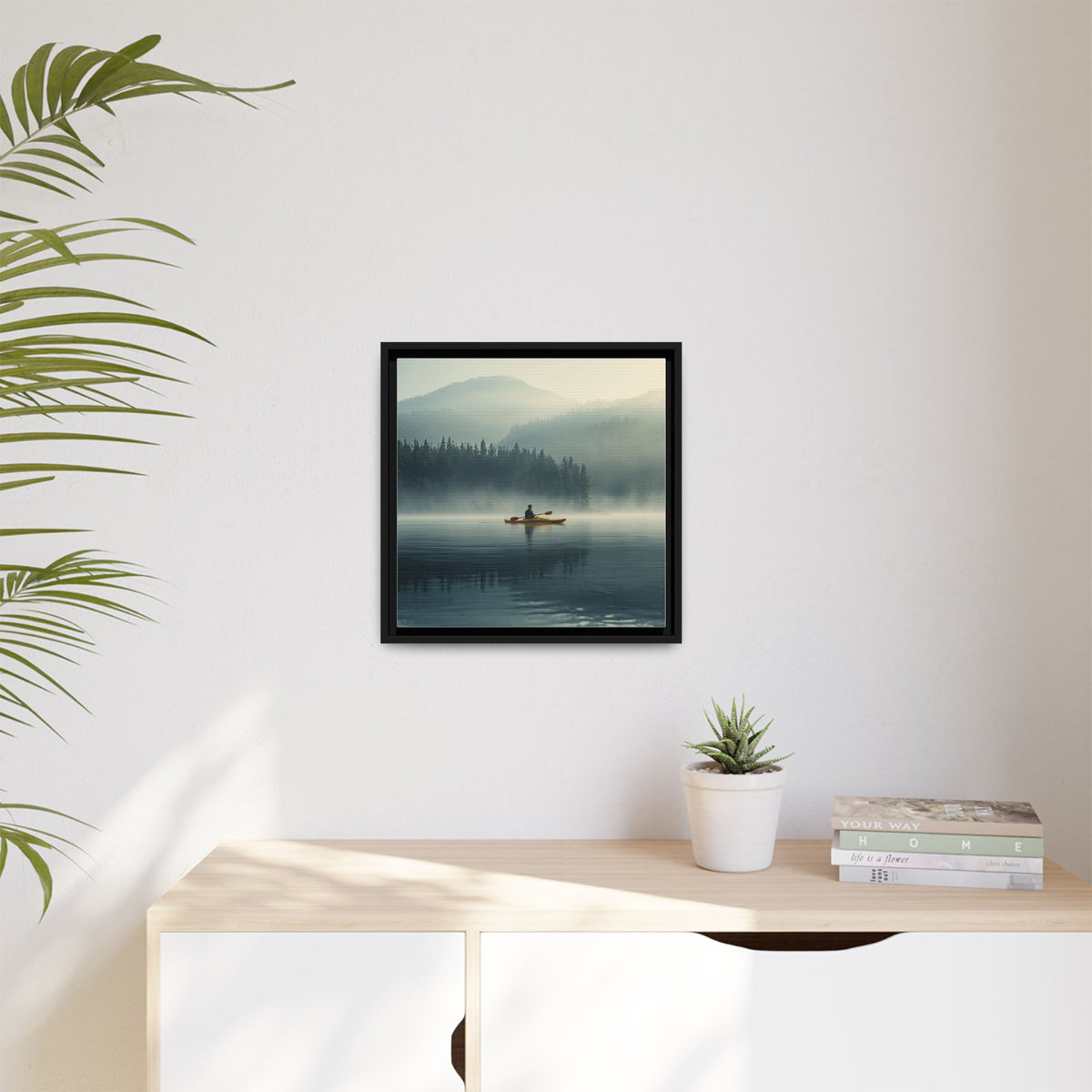 Lake Life Framed Matte Canvas: Misty Lake Kayaker Wall Art