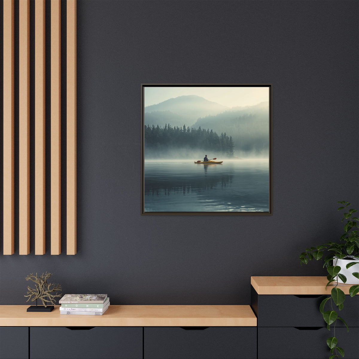 Lake Life Framed Matte Canvas: Misty Lake Kayaker Wall Art