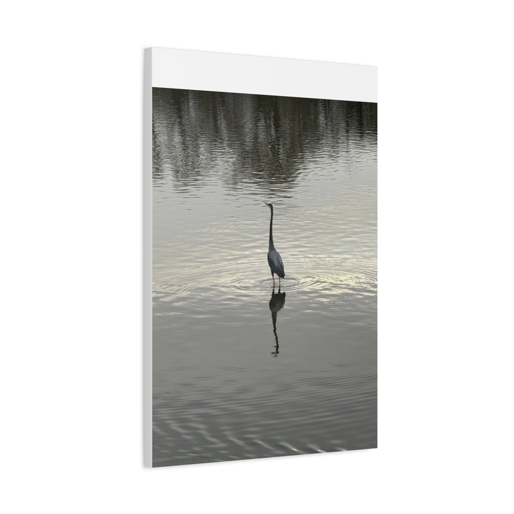 Lake Life Blue Heron Reflection Matte Stretched Canvas – Serene Wall Art