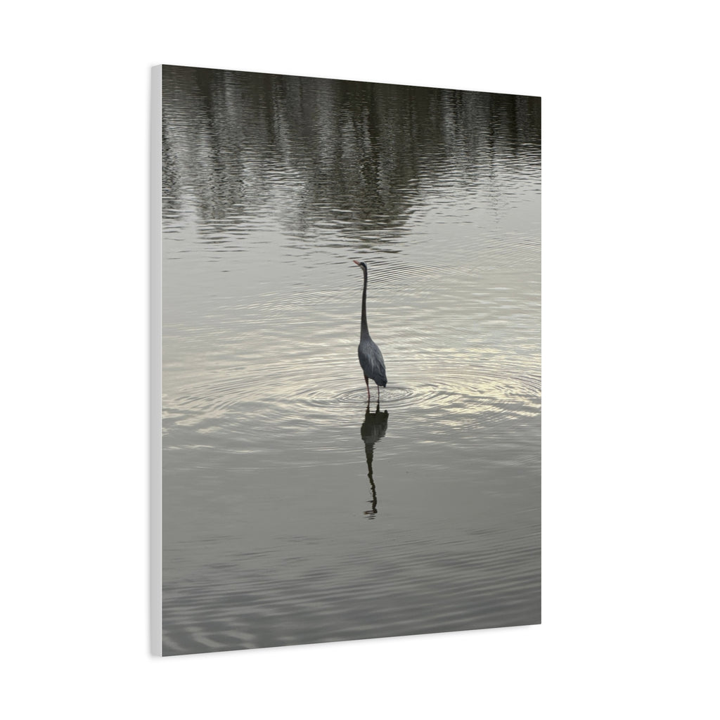 Lake Life Blue Heron Reflection Matte Stretched Canvas – Serene Wall Art