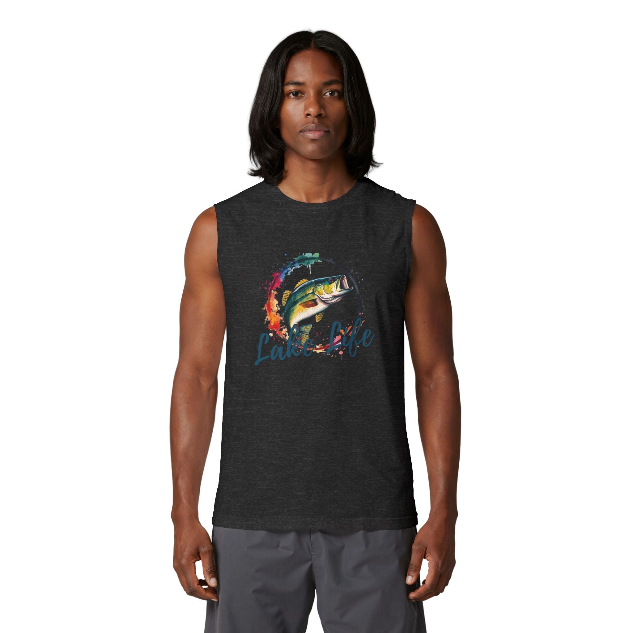 Lake Life Fishing Muscle Tank — Watercolor Bass Graphic