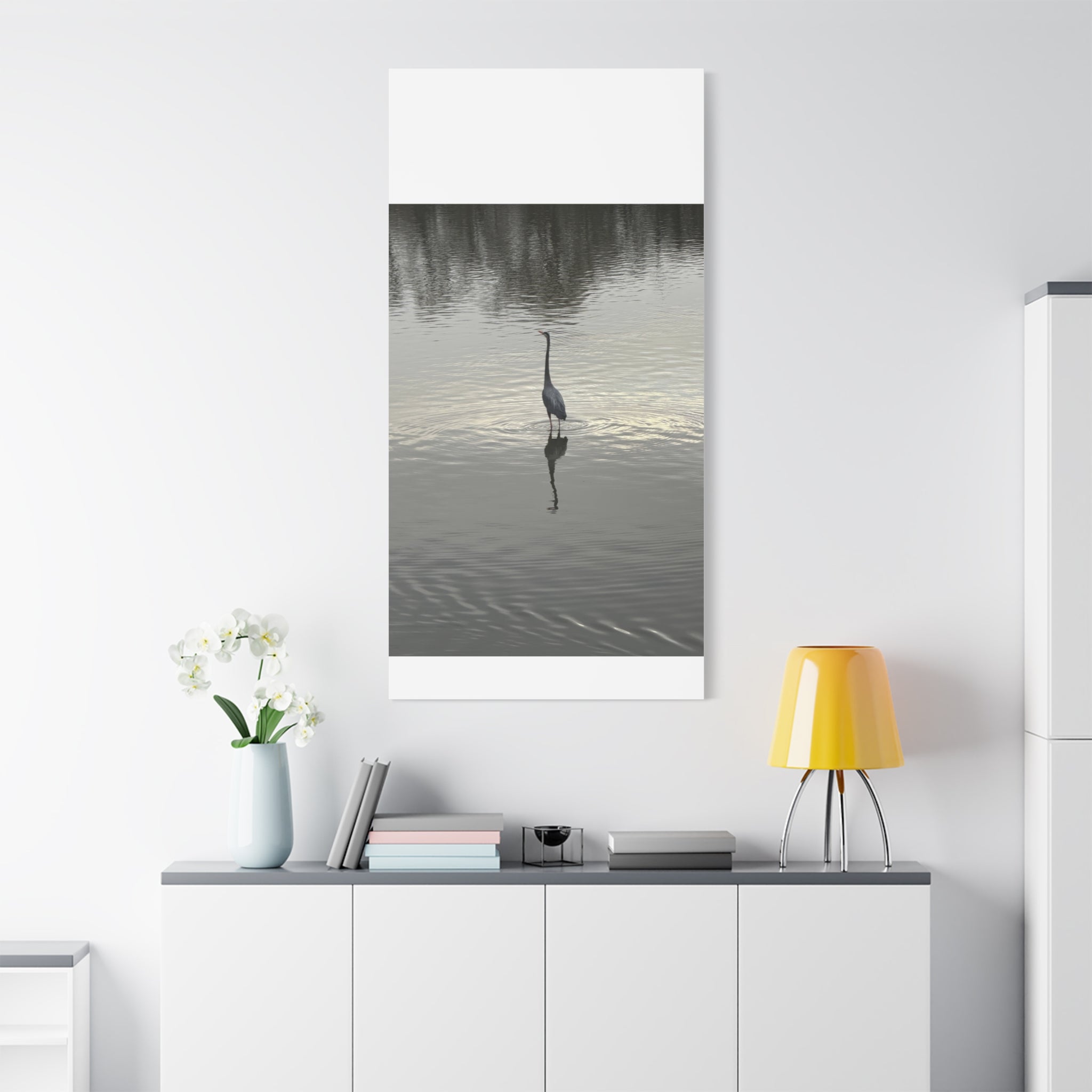 Lake Life Blue Heron Reflection Matte Stretched Canvas – Serene Wall Art