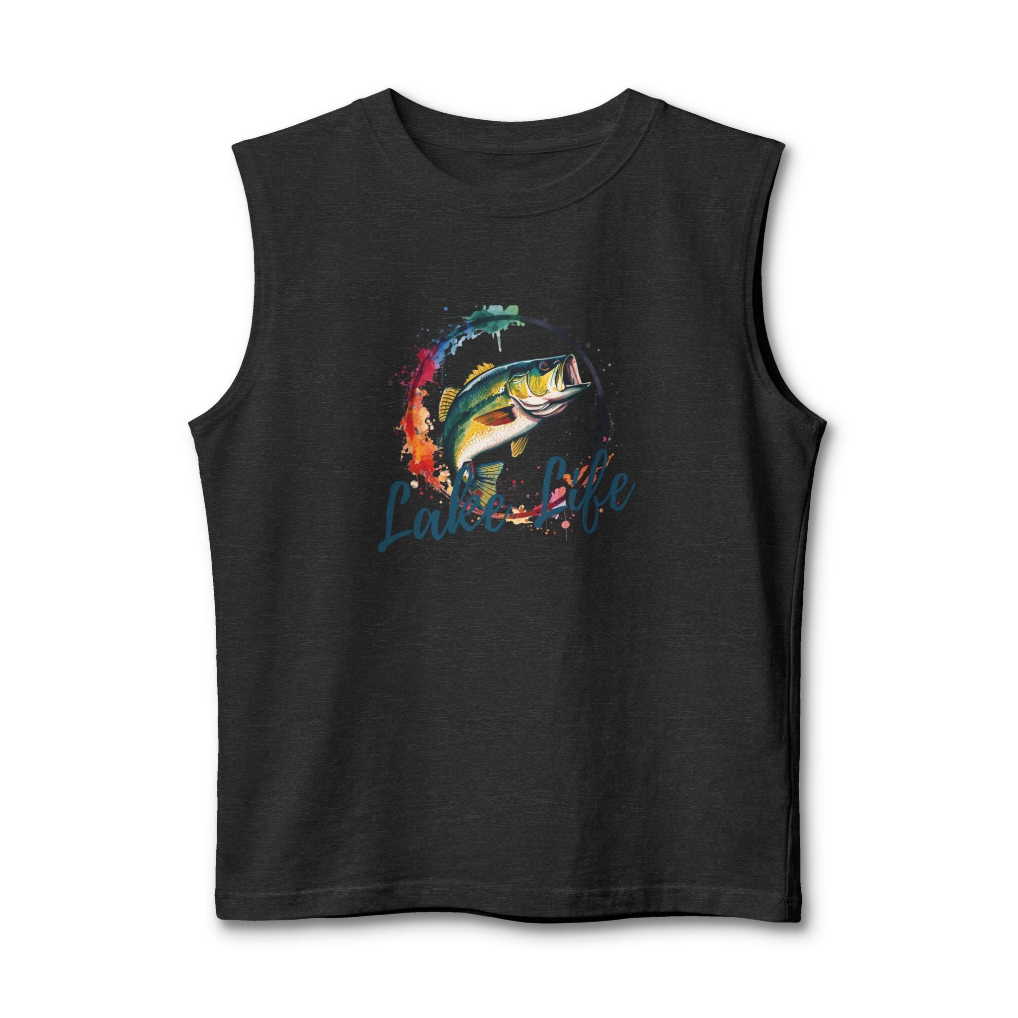 Lake Life Fishing Muscle Tank — Watercolor Bass Graphic