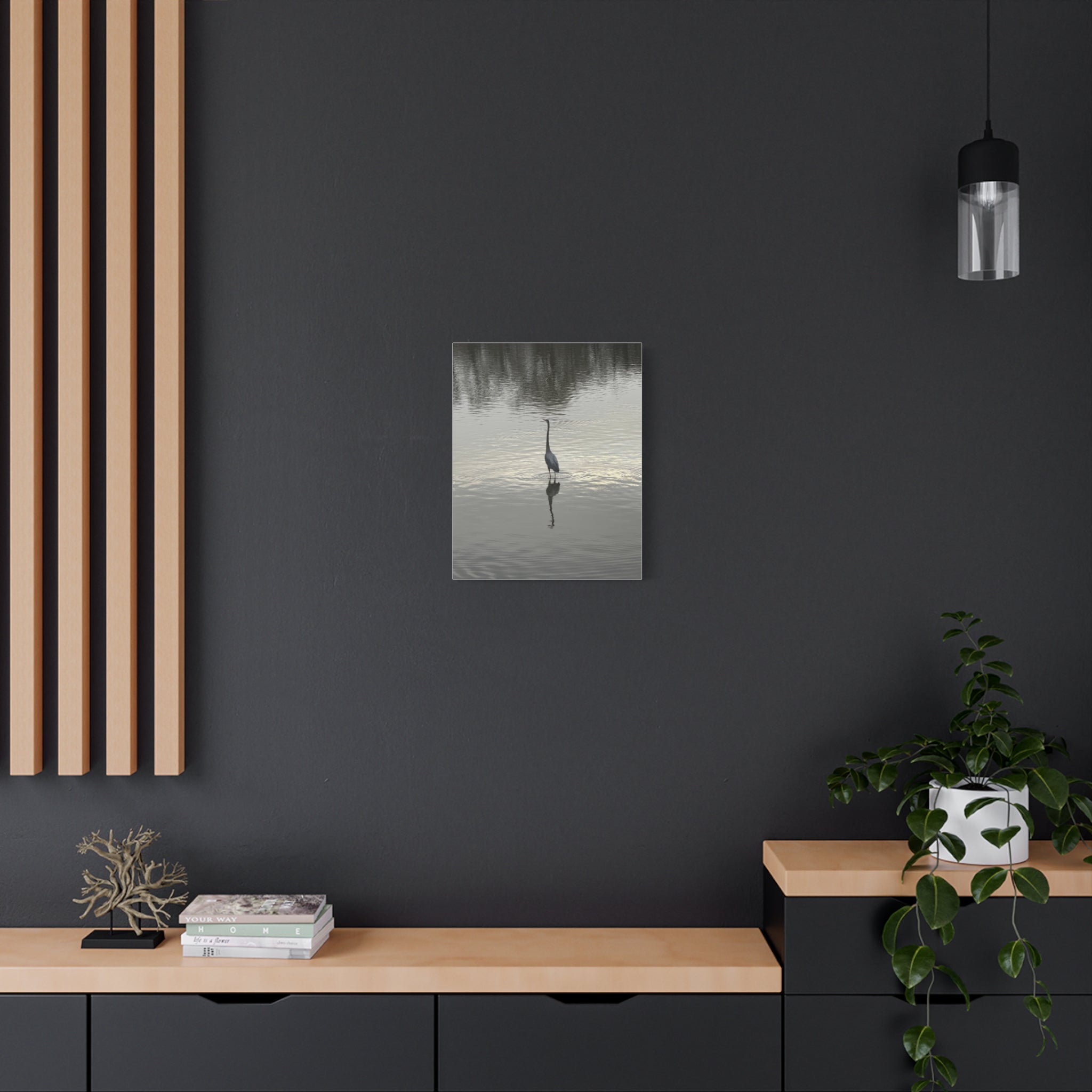 Lake Life Blue Heron Reflection Matte Stretched Canvas – Serene Wall Art