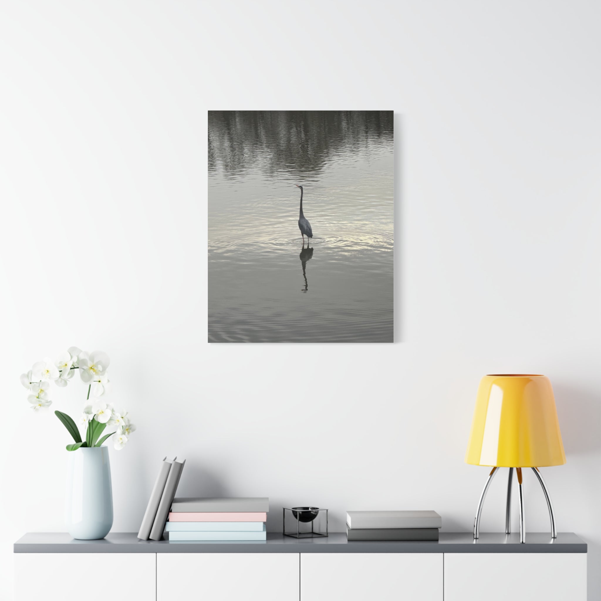 Lake Life Blue Heron Reflection Matte Stretched Canvas – Serene Wall Art