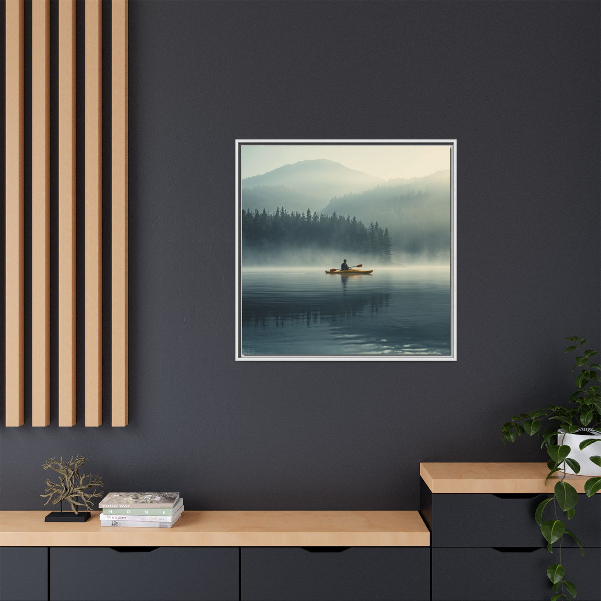 Lake Life Framed Matte Canvas: Misty Lake Kayaker Wall Art