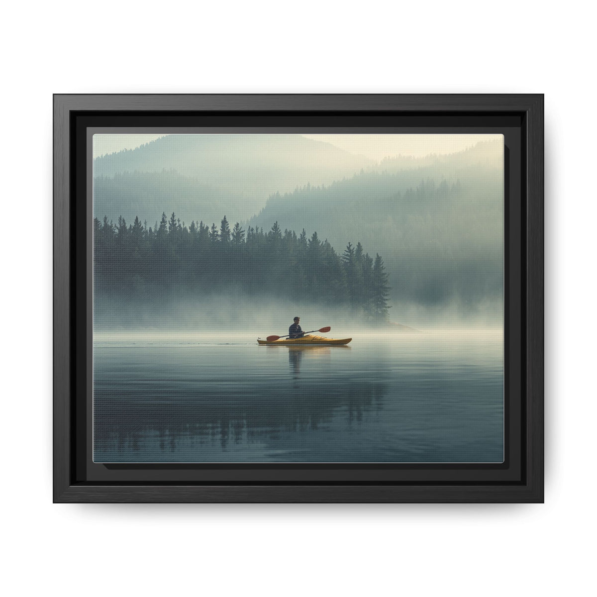 Lake Life Framed Matte Canvas: Misty Lake Kayaker Wall Art