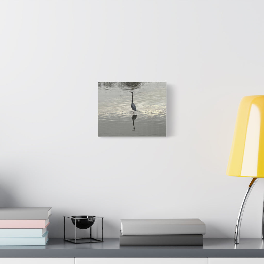 Lake Life Blue Heron Reflection Matte Stretched Canvas – Serene Wall Art